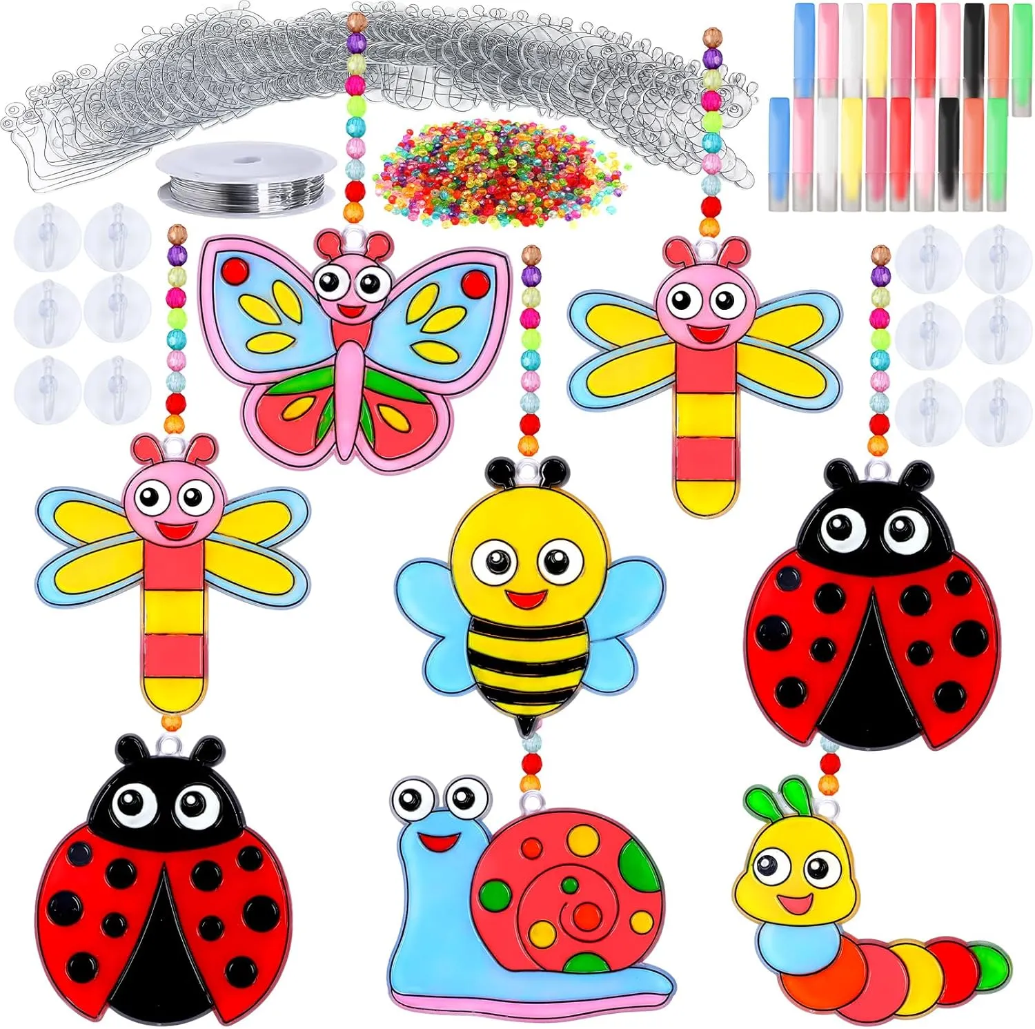349 Pcs Spring Suncatcher Ornaments Decorations Spring Crafts Kit for Kids with Bug Butterfly, DIY Window Paint Art Suncatchers Window Ornaments Classroom Painting Craft Project Game Activities