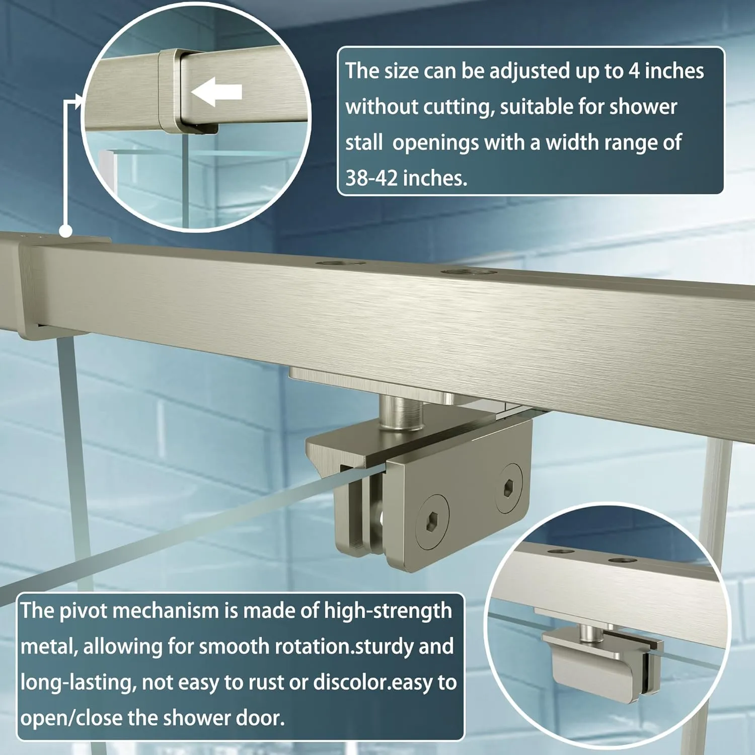 38-42" W x 71" H Semi-Frameless Pivot Swing Glass Shower Door,with 1/4"(6mm) Clear SGCC Tempered Glass,Brushed Nickel Finish,Reversible Installation