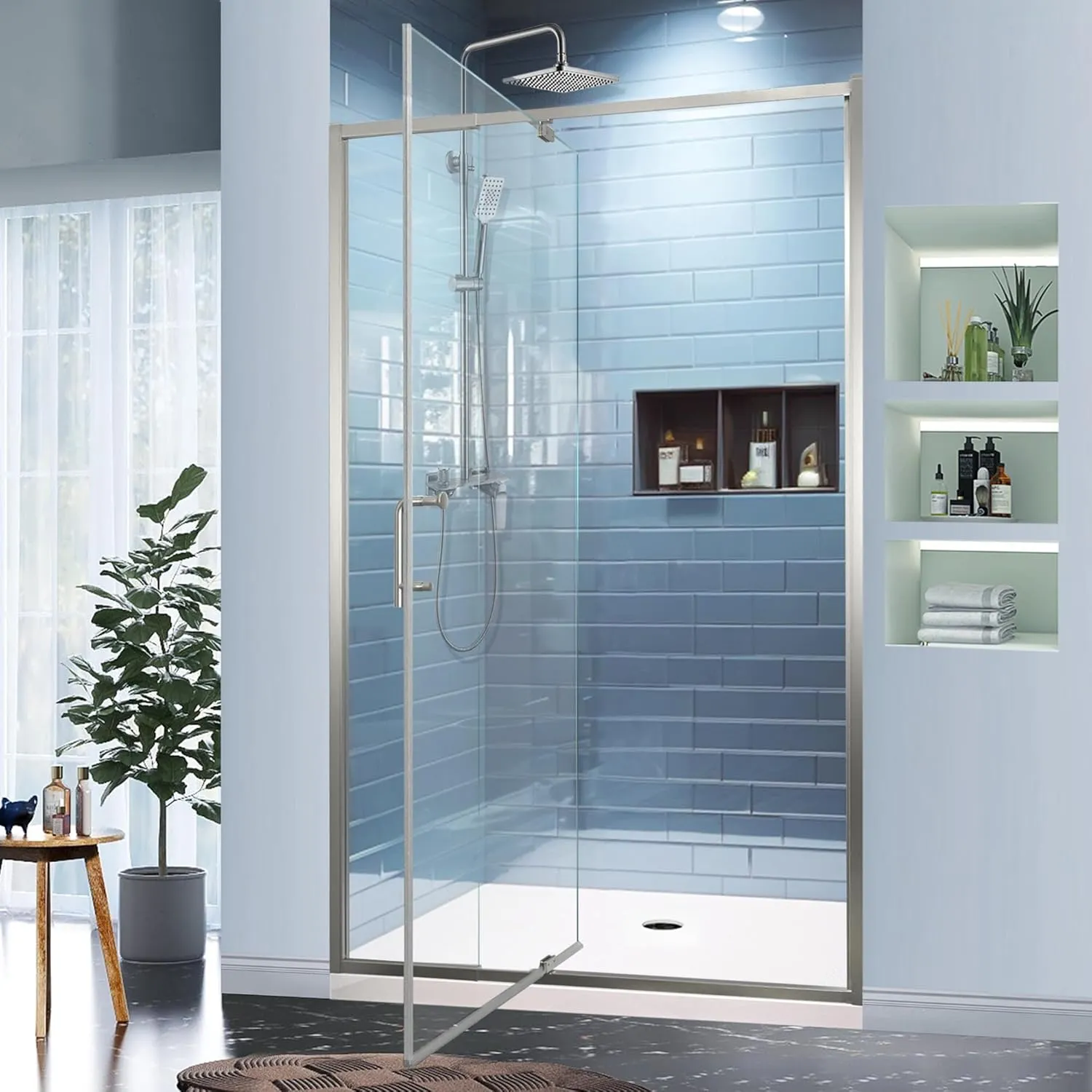 38-42" W x 71" H Semi-Frameless Pivot Swing Glass Shower Door,with 1/4"(6mm) Clear SGCC Tempered Glass,Brushed Nickel Finish,Reversible Installation