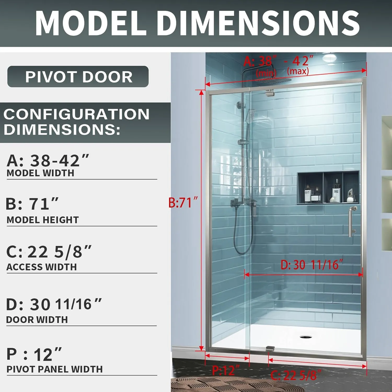 38-42" W x 71" H Semi-Frameless Pivot Swing Glass Shower Door,with 1/4"(6mm) Clear SGCC Tempered Glass,Brushed Nickel Finish,Reversible Installation