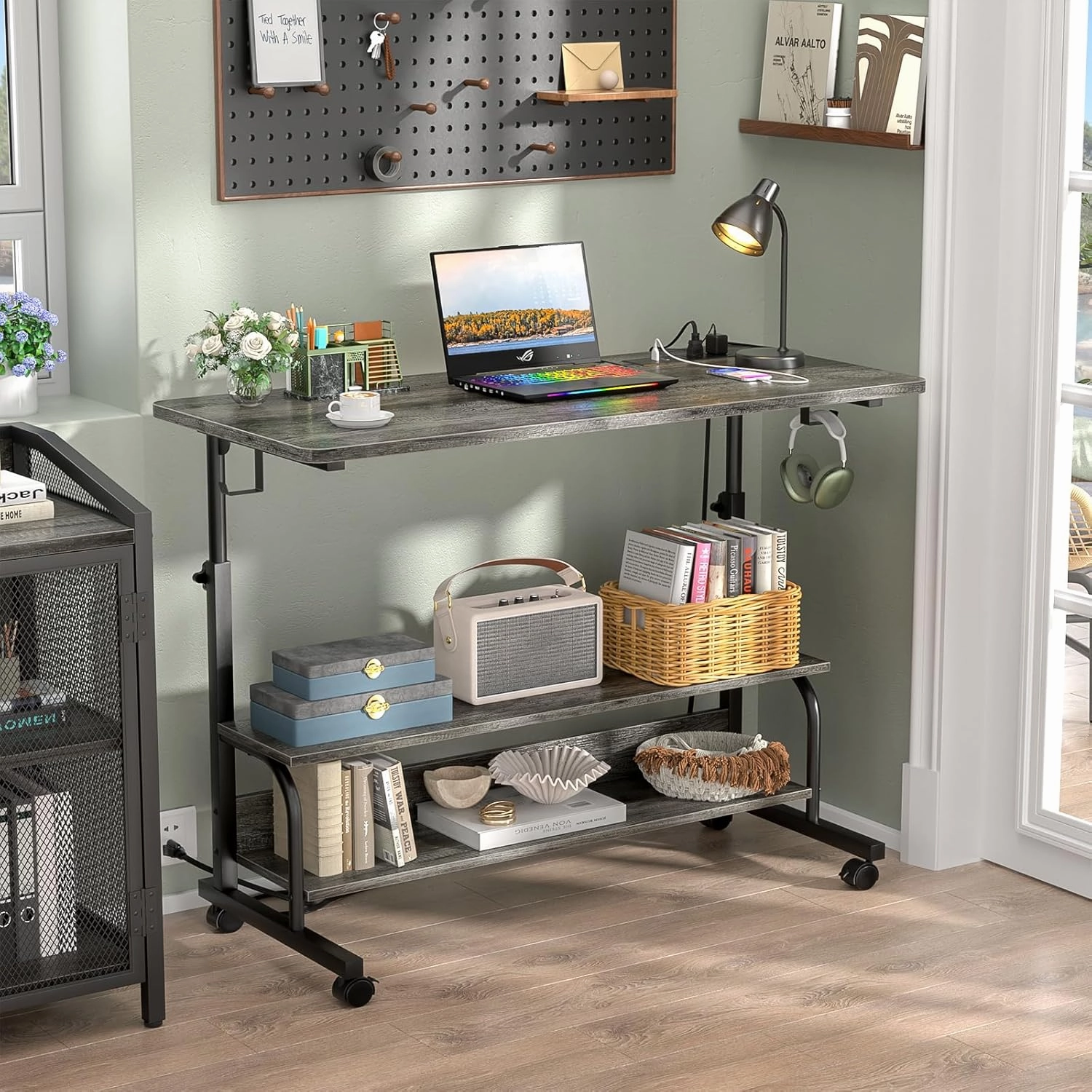 39" Height Adjustable Standing Desk with Power Outlets - Manual Rolling Stand Up Desk with Wheels Small Portable Computer Desk Mobile Laptop Table with Storage Shelves for Home Office, Grey Oak