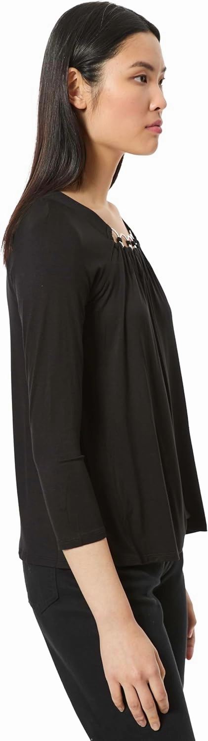 3/4 Sleeve Boat Neck Metal Ring Detail Top Jet Black
