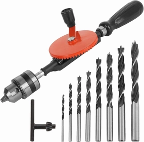 3/8 inch Hand Drill Manual Hand Crank Drill with 8Pcs Drill Bit Set, Safe Double Pinions DesignHand Drill for Wood Plastic and Metal