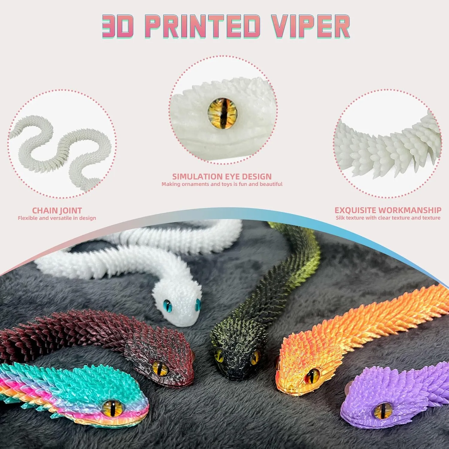 3D Printed Animals-Snake Viper,3D Printed Snake Toys 3D Printed Articulated Snake 3D Printed Animals Animal Model Ornaments Creative Funny Toy Festival Gift for Frends (Luminous Green, 29 Inch)