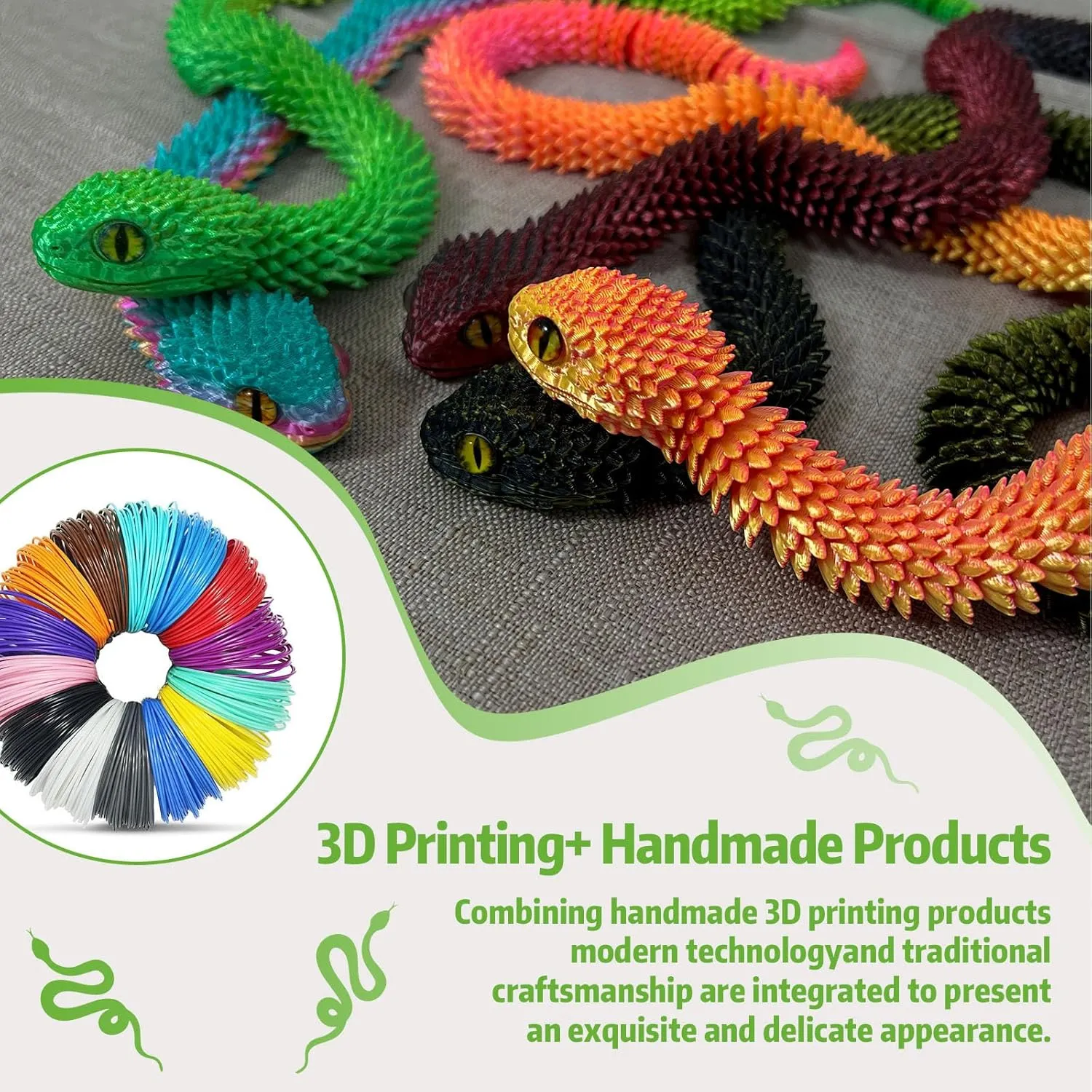 3D Printed Animals-Snake Viper,3D Printed Snake Toys 3D Printed Articulated Snake 3D Printed Animals Animal Model Ornaments Creative Funny Toy Festival Gift for Frends (Luminous Green, 29 Inch)