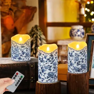 3PCS Chinoiserie Flameless Candles – Blue and White Porcelain Candles with Remote,Floral Battery Operated LED Candles,Blue Pillar Candles Chinoiserie Decor for Home Weddings Party Festivals