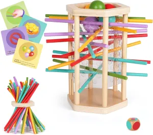4 in 1Montessori Game Toy Wooden Board Game with Cards,Colorful Wooden Sticks Dice Game Math Educational Toys Sticks Stacking Game,Fine Motor Skills Game & Counting Toy Family Travel Game Gifts