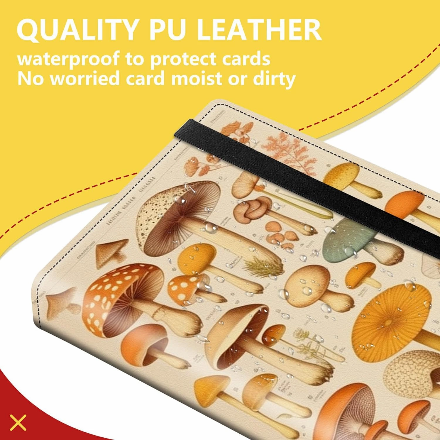 4-Pocket Card Binder 50 Pages Holds 400 Cards, Card Book Collector Album Folder for Yugioh, MTG, TCG, Cute PU Leather Trading Card Holder with Elastic Strap, Colorful Mushrooms