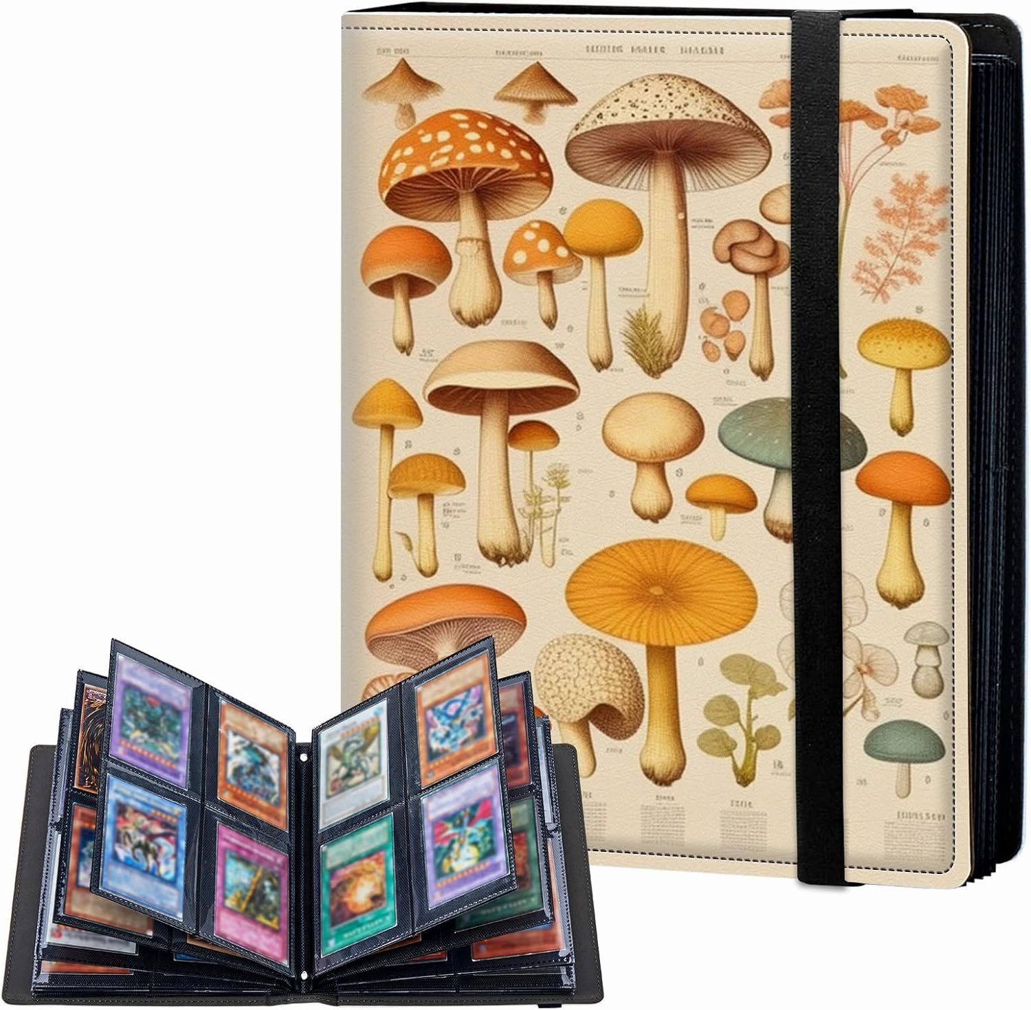 4-Pocket Card Binder 50 Pages Holds 400 Cards, Card Book Collector Album Folder for Yugioh, MTG, TCG, Cute PU Leather Trading Card Holder with Elastic Strap, Colorful Mushrooms