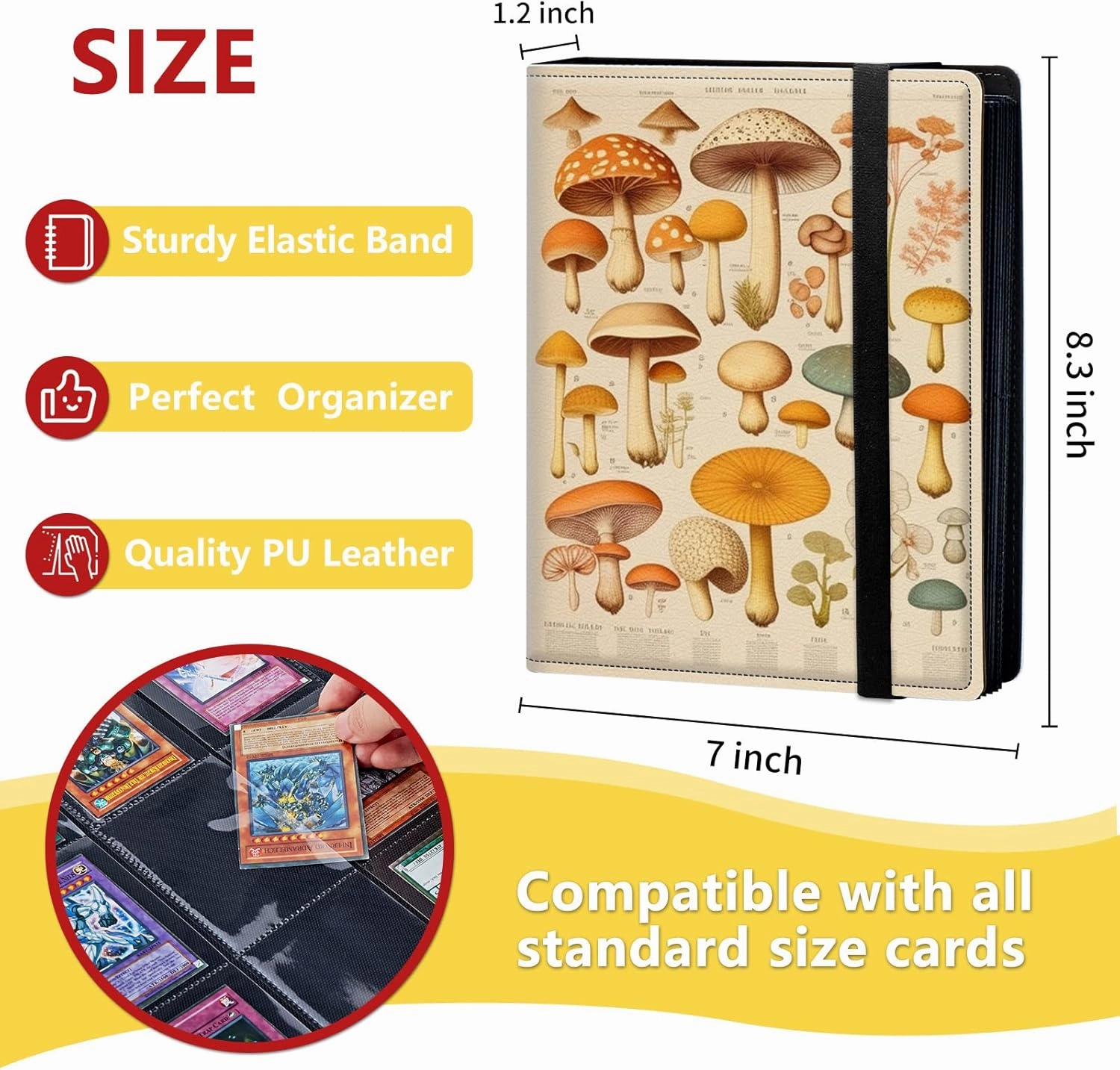 4-Pocket Card Binder 50 Pages Holds 400 Cards, Card Book Collector Album Folder for Yugioh, MTG, TCG, Cute PU Leather Trading Card Holder with Elastic Strap, Colorful Mushrooms