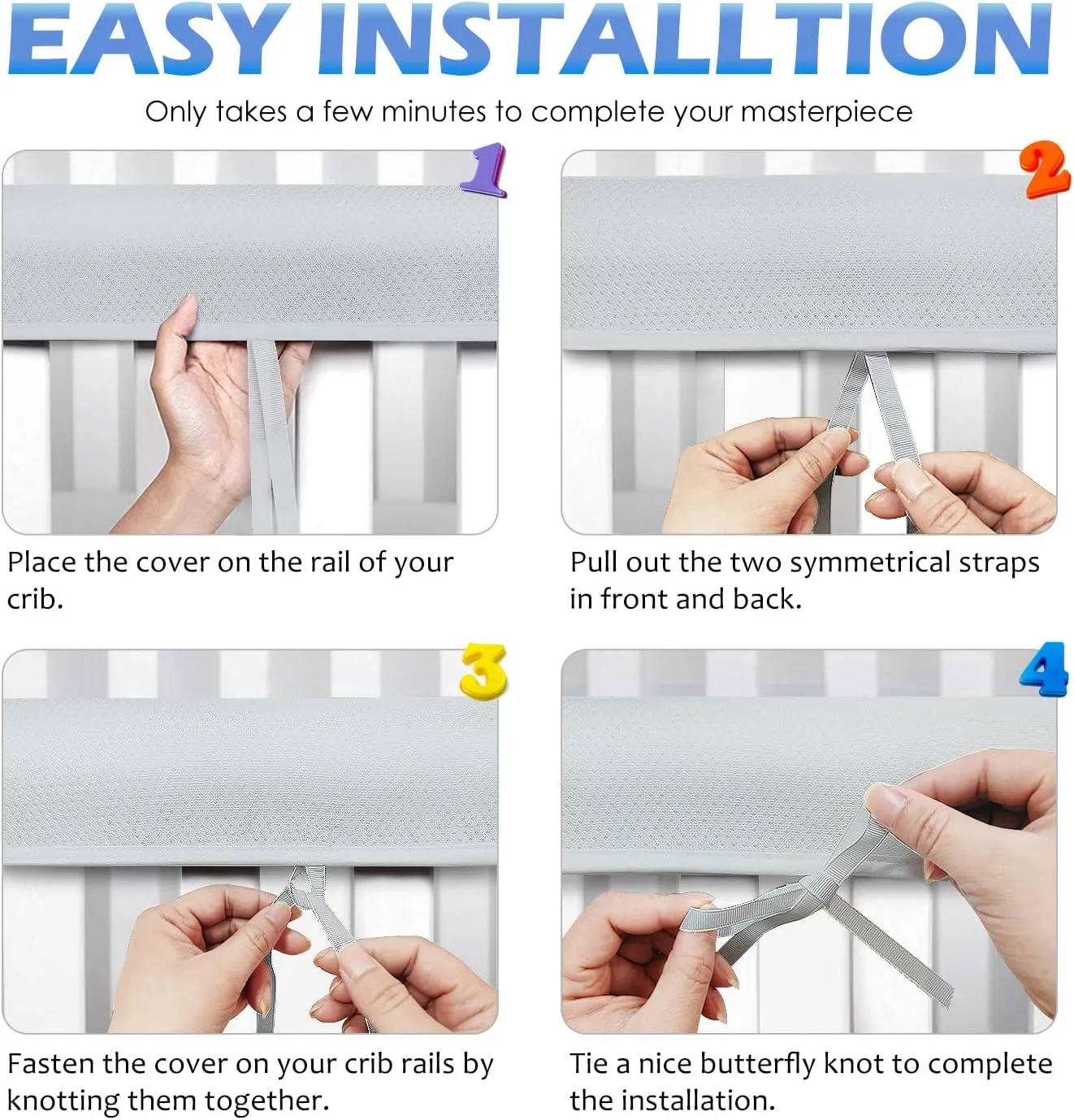 4PC Crib Rail Covers for Teething,Mesh Corner Edge,Soft Crib Guards, Guard Rail Protector, Suits for Most Standard Bed (4pc-Grey)