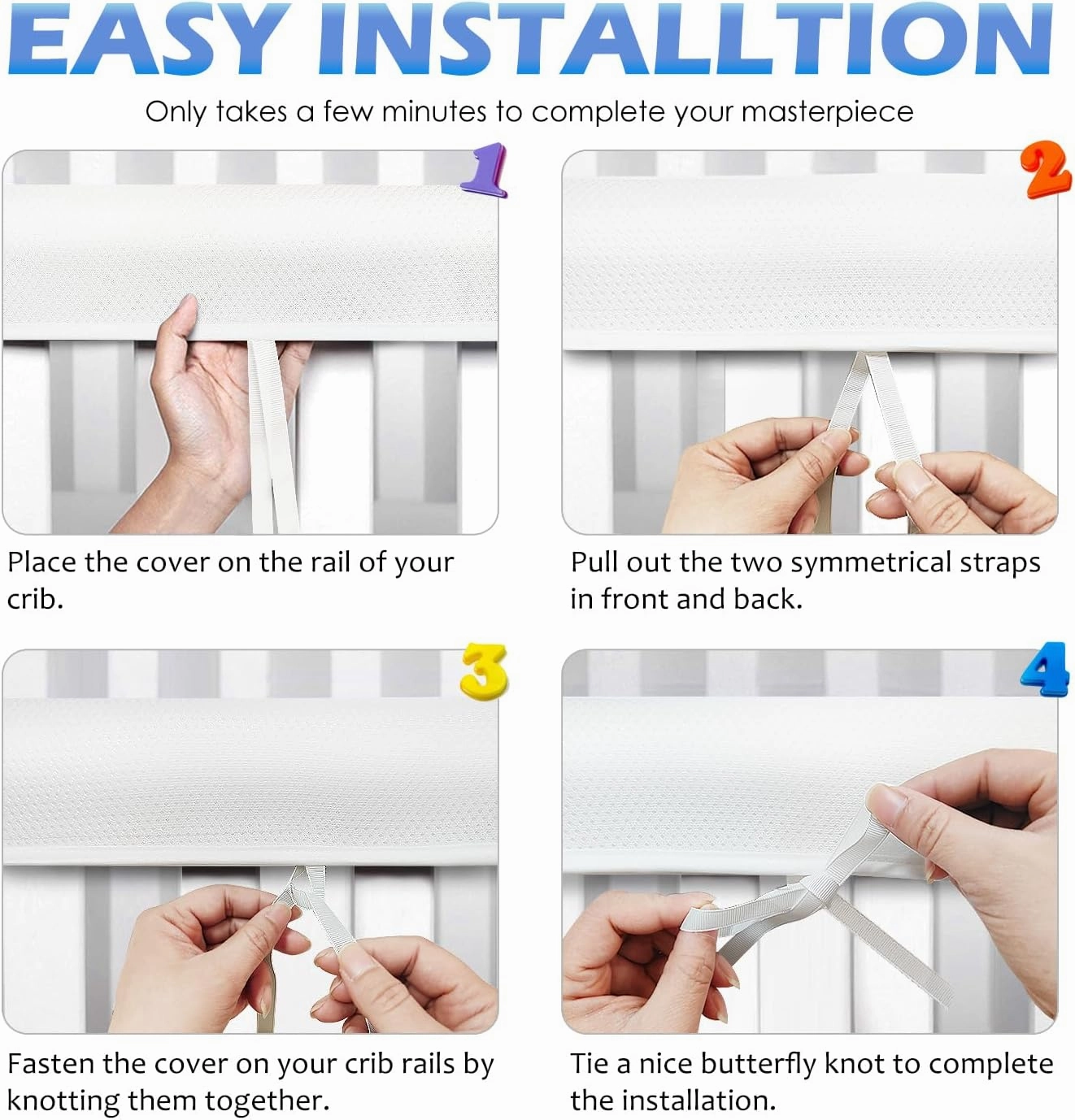4PC Crib Rail Covers for Teething,Mesh Corner Edge,Soft Crib Guards, Guard Rail Protector, Suits for Most Standard Bed (4PC Blue)