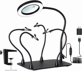 5X &10X Magnifying Glass with Light and Stand, Magnetic Helping Hands Soldering Station, Large Base & Clamp Magnifying Lamp, 3 Color Adjustable Arm Lighted Magnifier for Repairs Craft Hobby
