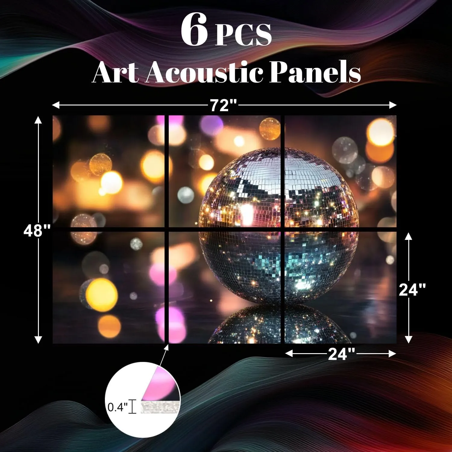6 Pack Art Acoustic Panels Shiny disco balls dark blurred lights Bokeh effect Sound Absorbing Panel 48"x72" Soundproof Wall Panels Acoustic Wall Art for Studios, Office, Theaters