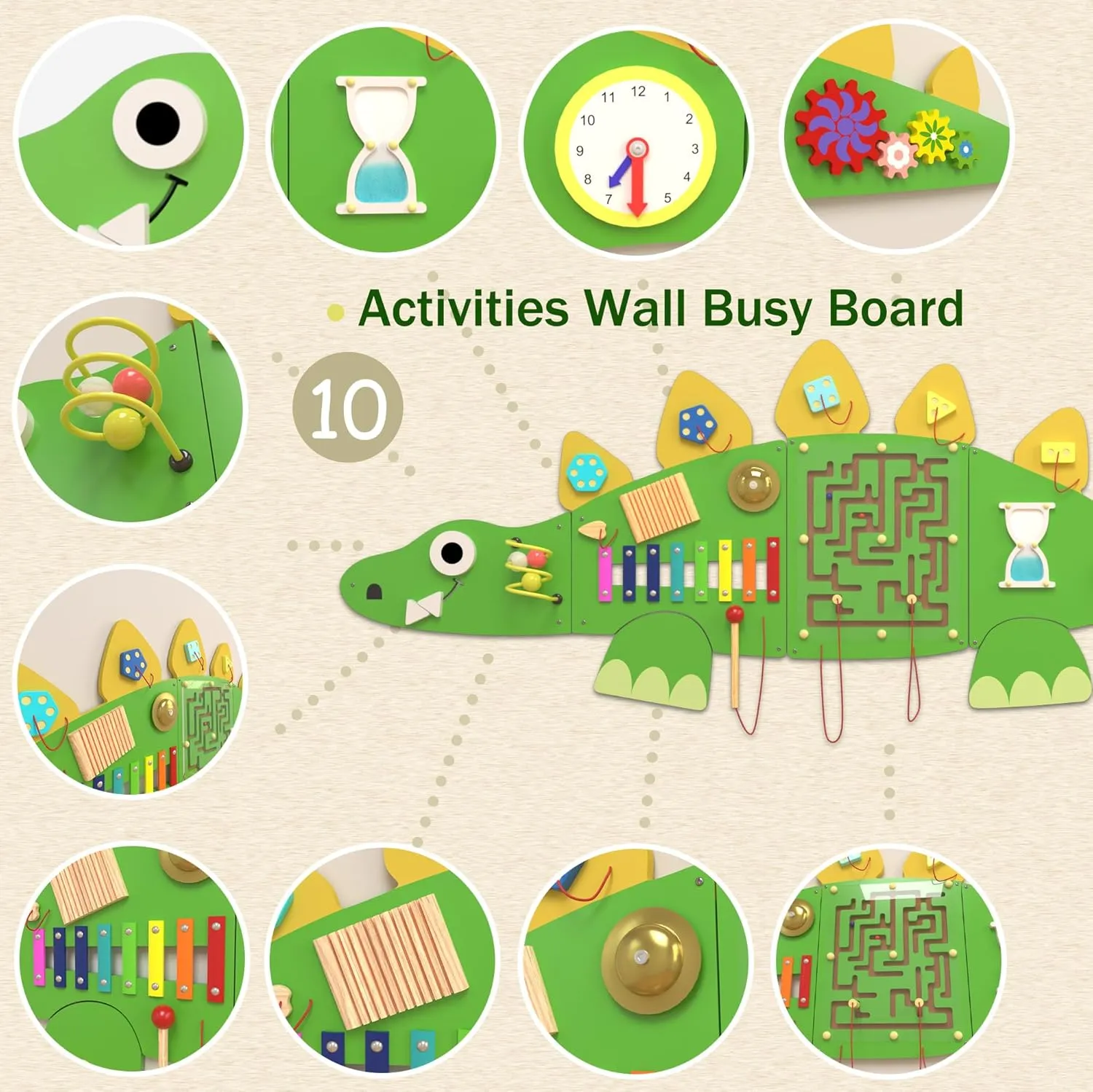 60'' Stegosaurus Montessori Busy Board, Sensory Board, Activity Wall Busy Board Panels, Wall Furniture,Interactive Wooden Learning Toys for Boys and Girls, Perfect for Toddler Playroom