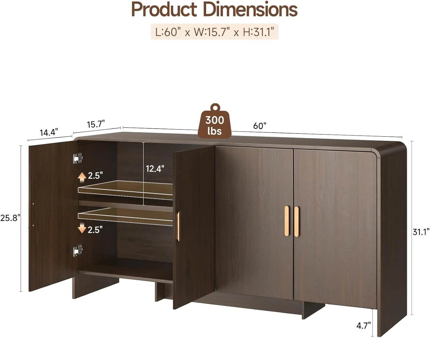 60" Sideboard Buffet Cabinet with Storage, Curved Design Farmhouse Coffee Bar Cabinet with 4 Doors & Adjustable Shelves for Living Room, Kitchen, Hallway, Walnut