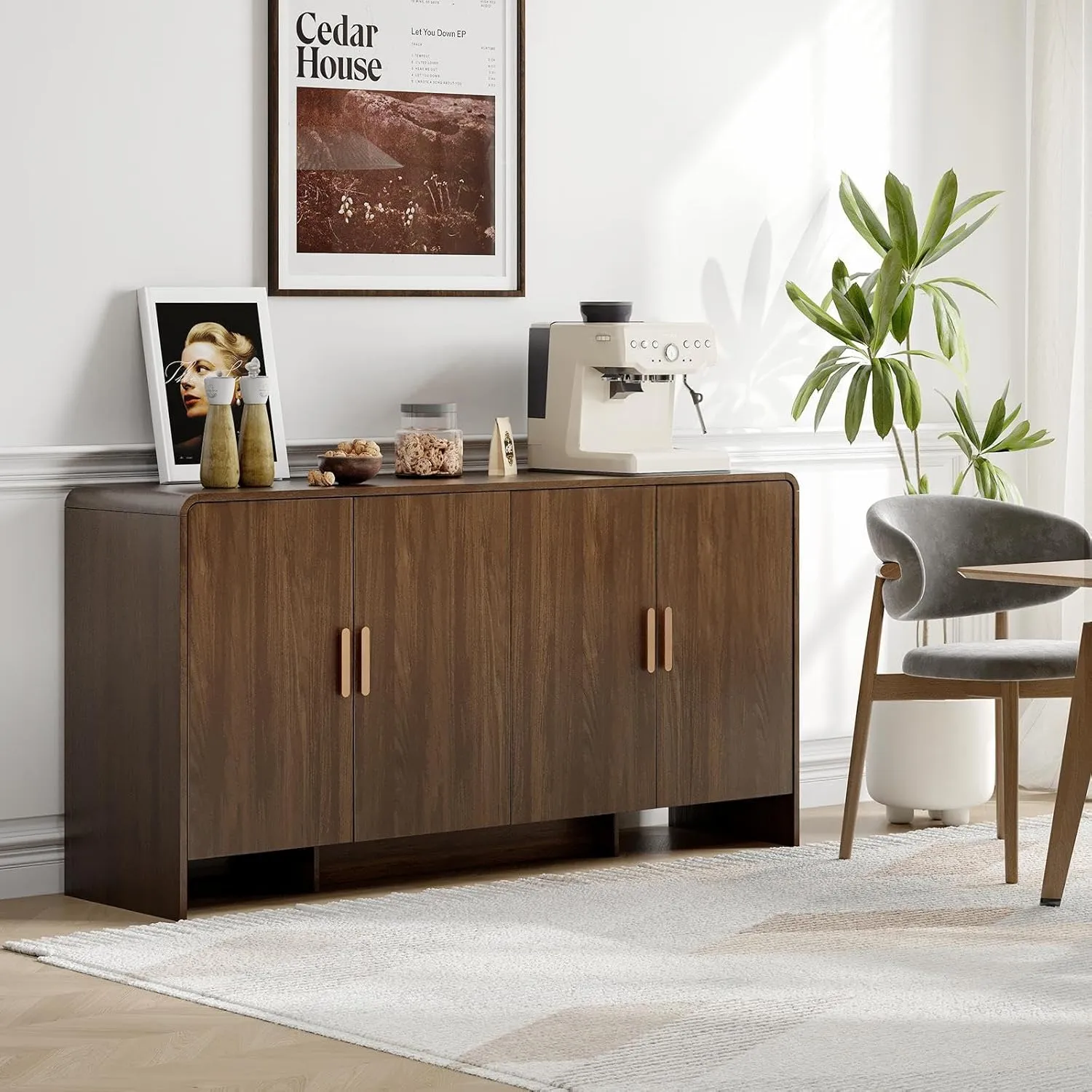 60" Sideboard Buffet Cabinet with Storage, Curved Design Farmhouse Coffee Bar Cabinet with 4 Doors & Adjustable Shelves for Living Room, Kitchen, Hallway, Walnut