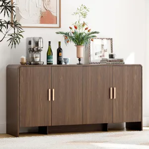 60" Sideboard Buffet Cabinet with Storage, Curved Design Farmhouse Coffee Bar Cabinet with 4 Doors & Adjustable Shelves for Living Room, Kitchen, Hallway, Walnut
