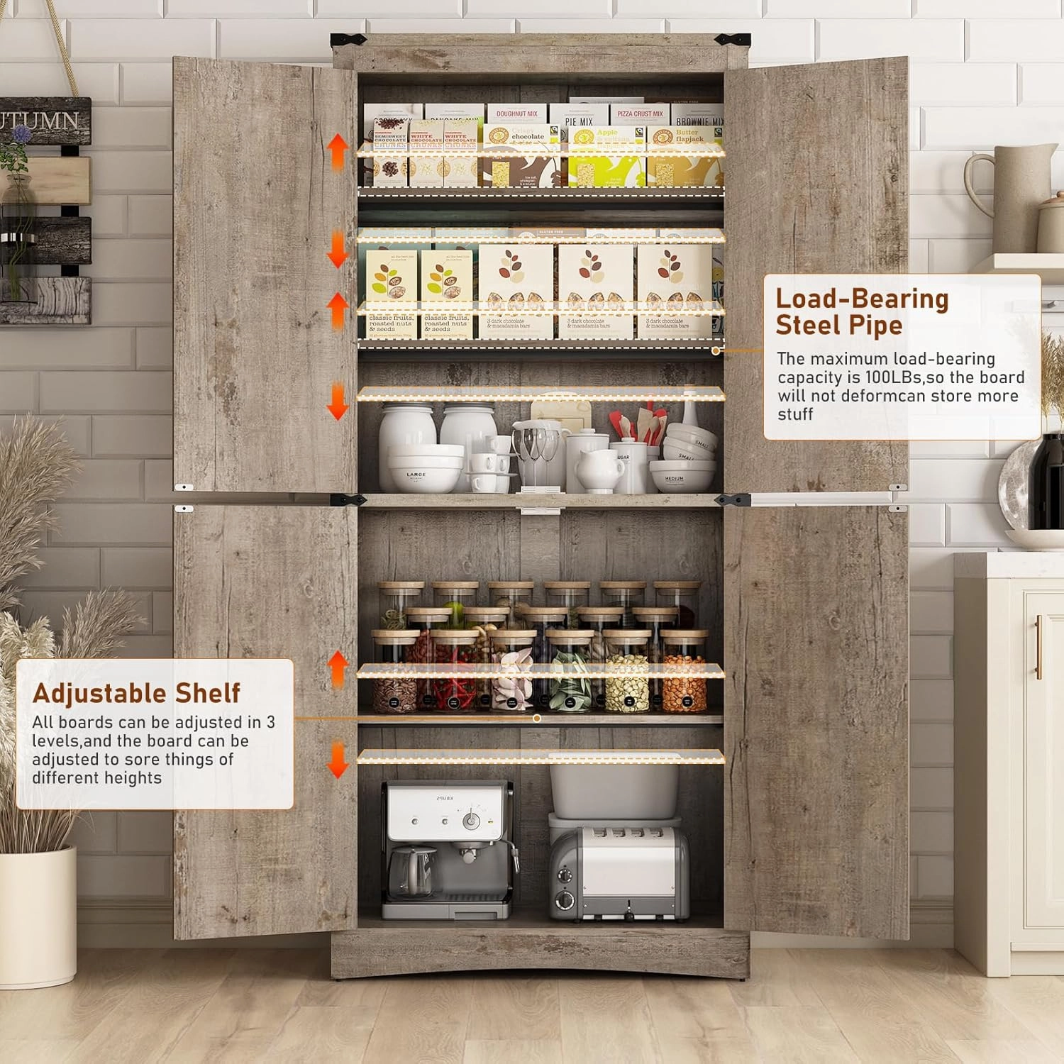 71" Tall Kitchen Pantry,Farmhouse Storage Cabinet with Adjustable Shelves,Load-Bearing Steel Pipe,Farmhouse Pantry Cabinet with 4 Barn Doors,for Kitchen,Dining Room,Living Room(Light Rustic Oak)