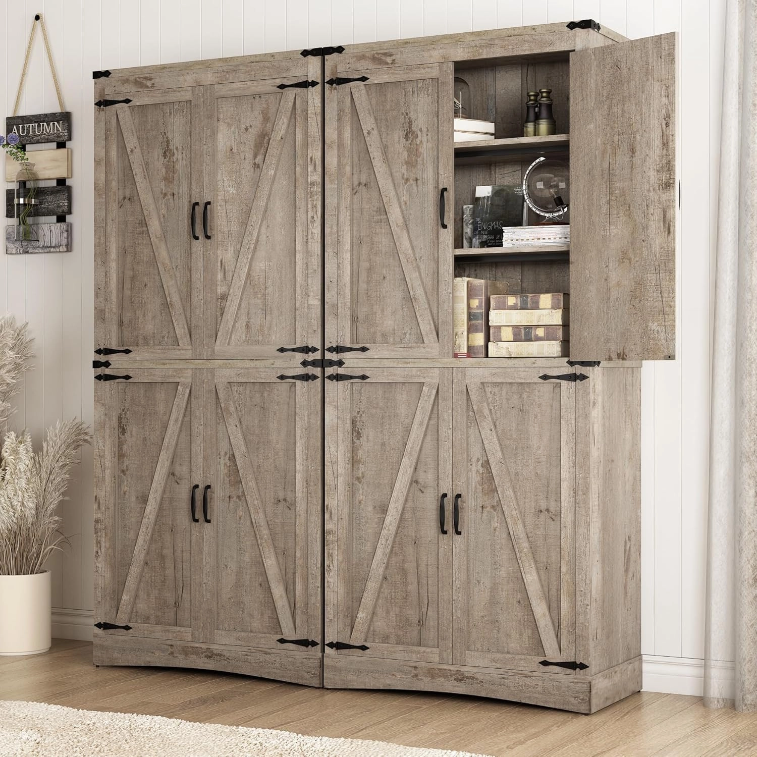 71" Tall Kitchen Pantry,Farmhouse Storage Cabinet with Adjustable Shelves,Load-Bearing Steel Pipe,Farmhouse Pantry Cabinet with 4 Barn Doors,for Kitchen,Dining Room,Living Room(Light Rustic Oak)