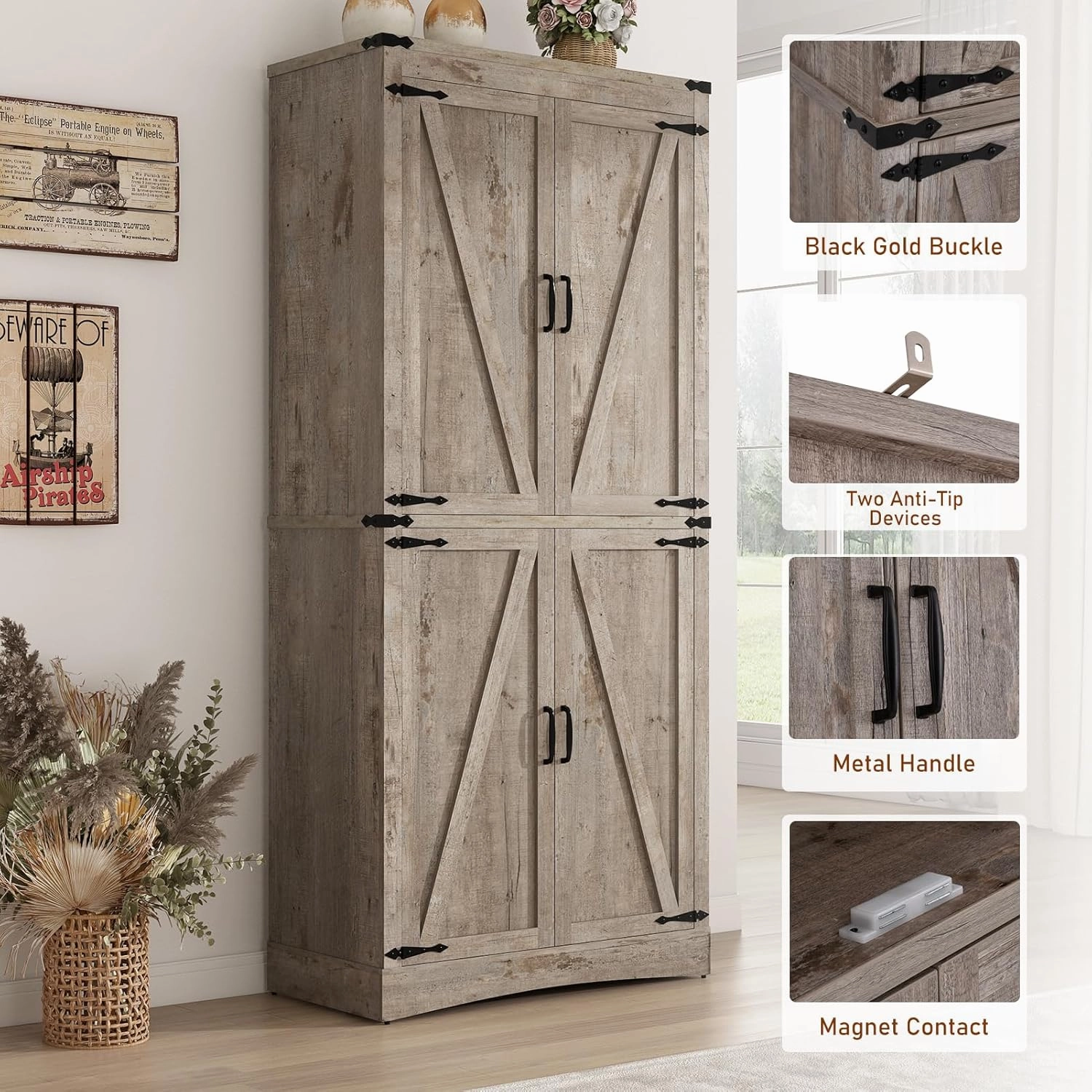 71" Tall Kitchen Pantry,Farmhouse Storage Cabinet with Adjustable Shelves,Load-Bearing Steel Pipe,Farmhouse Pantry Cabinet with 4 Barn Doors,for Kitchen,Dining Room,Living Room(Light Rustic Oak)
