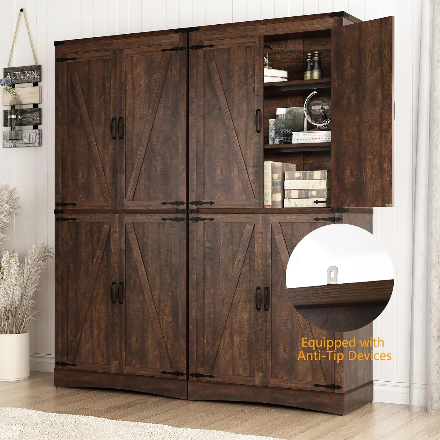 71" Tall Kitchen Pantry,Farmhouse Storage Cabinet with Adjustable Shelves,Load-Bearing Steel Pipe,Farmhouse Pantry Cabinet with 4 Barn Doors, for Kitchen,Dining Room,Living Room(Brown)