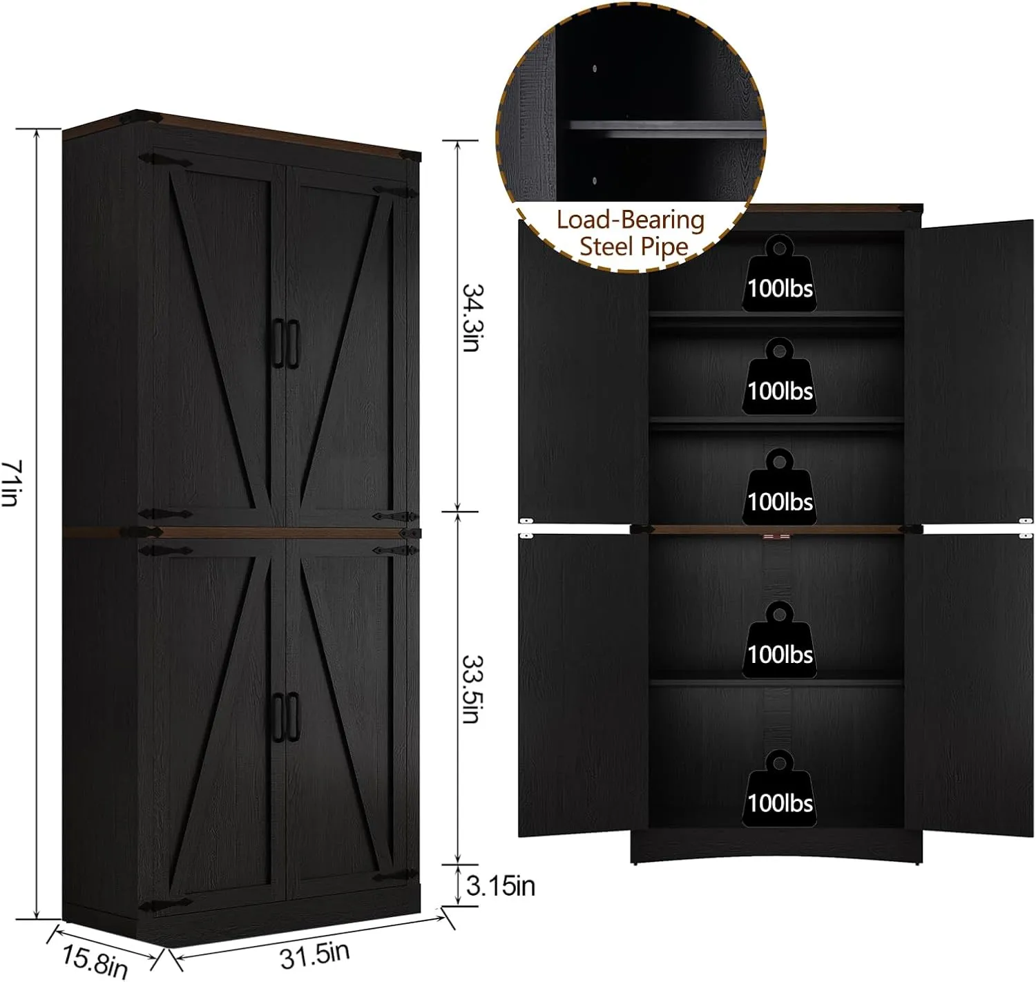 71" Tall Kitchen Pantry,Farmhouse Storage Cabinet with Adjustable Shelves,Load-Bearing Steel Pipe,Farmhouse Pantry Cabinet with 4 Barn Doors,for Kitchen,Dining Room,Living Room(Black)