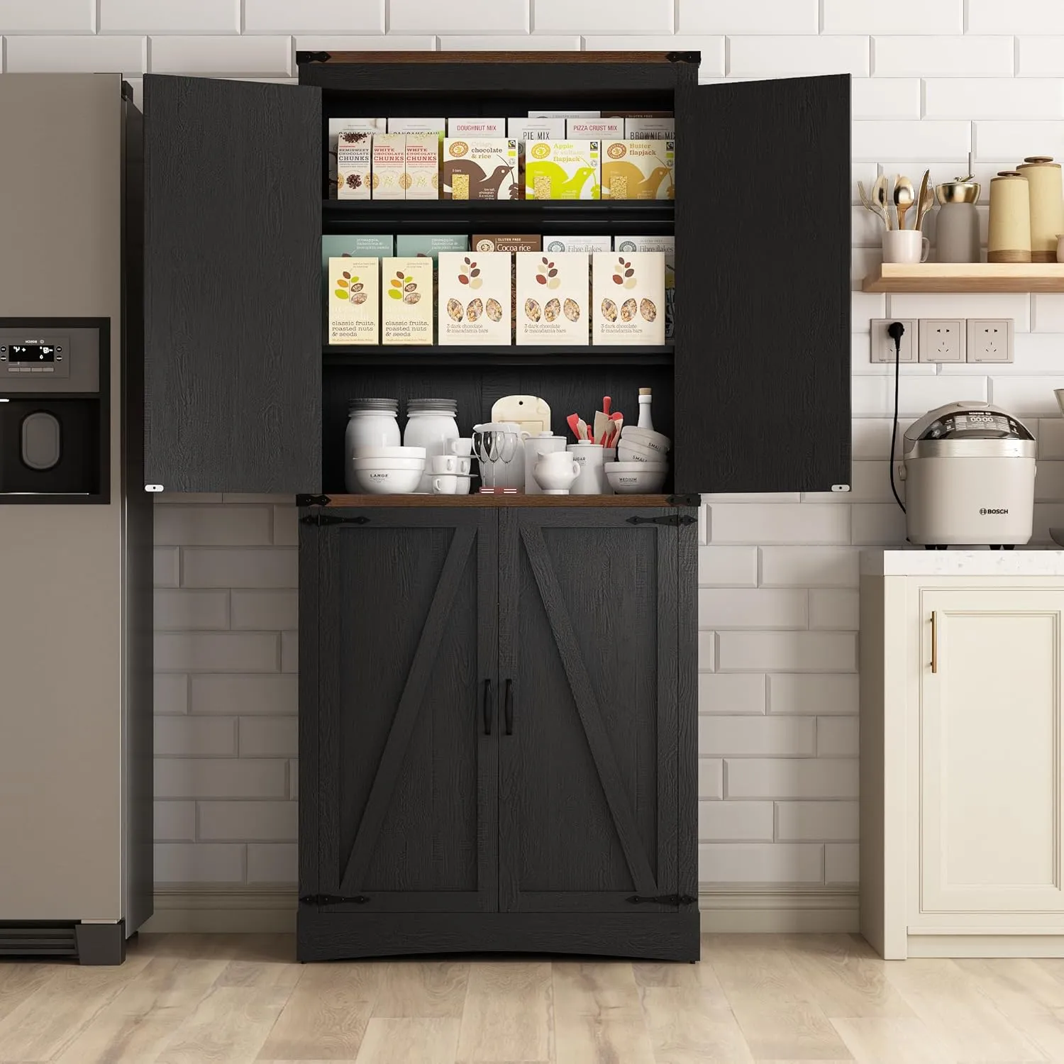 71" Tall Kitchen Pantry,Farmhouse Storage Cabinet with Adjustable Shelves,Load-Bearing Steel Pipe,Farmhouse Pantry Cabinet with 4 Barn Doors,for Kitchen,Dining Room,Living Room(Black)