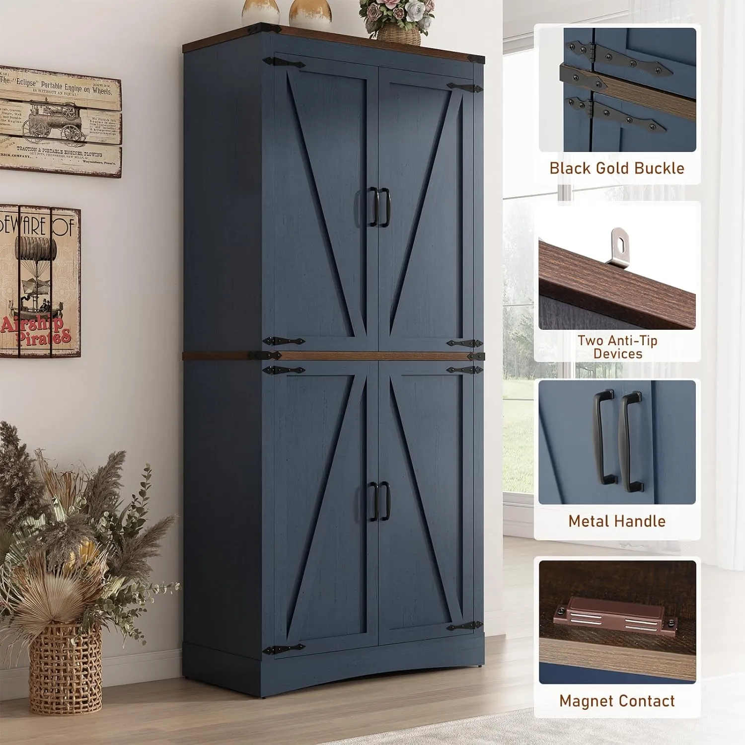 71" Tall Kitchen Pantry,Farmhouse Storage Cabinet with Adjustable Shelves,Load-Bearing Steel Pipe,Farmhouse Pantry Cabinet with 4 Barn Doors,for Kitchen,Dining Room,Living Room(Blue)
