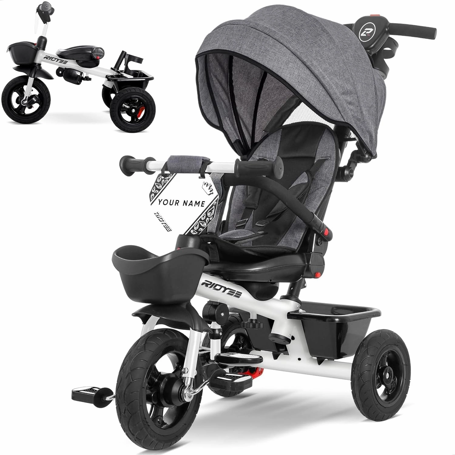 7-in-1 Tricycle for 18 Months to 5 Years, Rotatable Seat for Toddlers 1.5-3, Tricycle for 3-5 Years with DIY Stickers, All-Terrain Rubber Tires, Double Brake