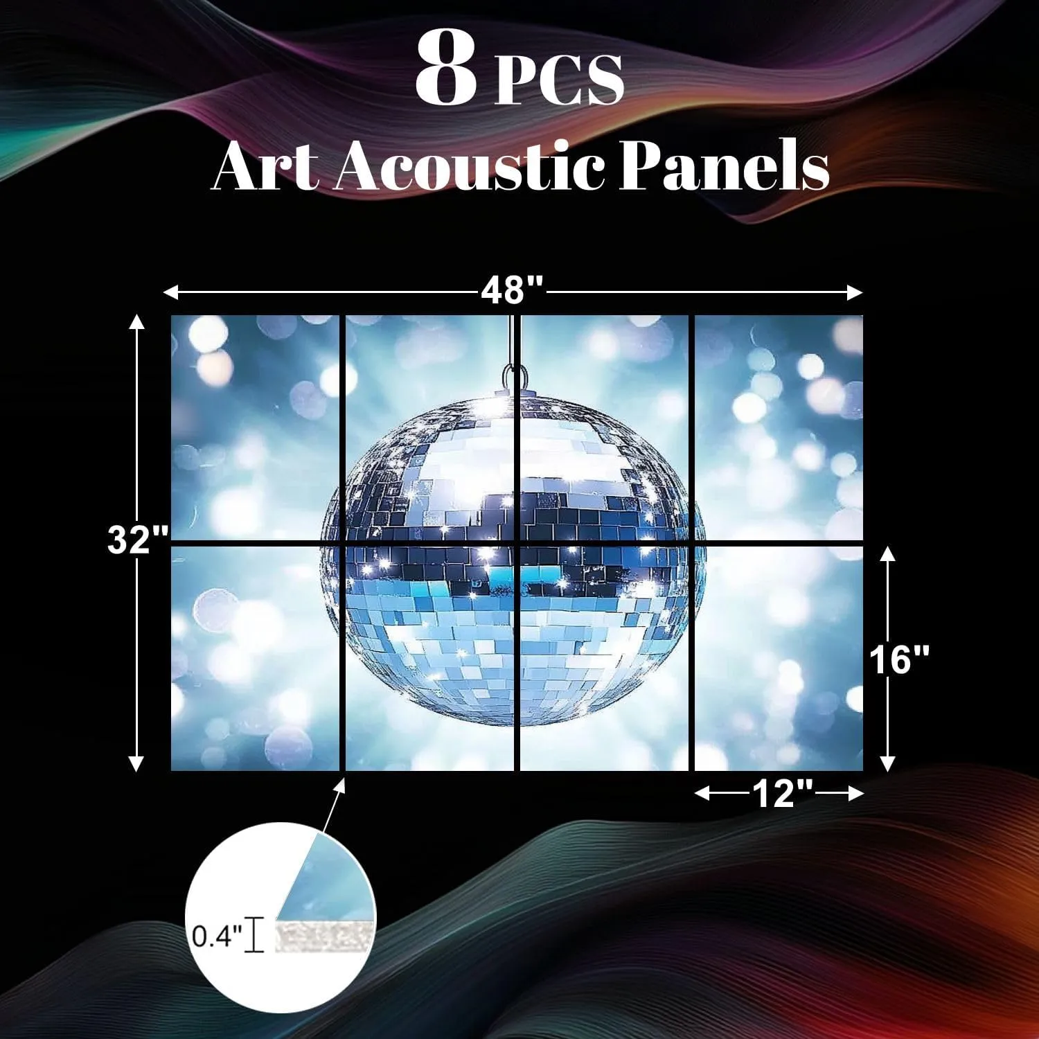8 Pack Art Acoustic Panels shiny disco ball Sound Absorbing Panel 32"x48" Soundproof Wall Panels Acoustic Wall Art for Studios, Office, Theaters