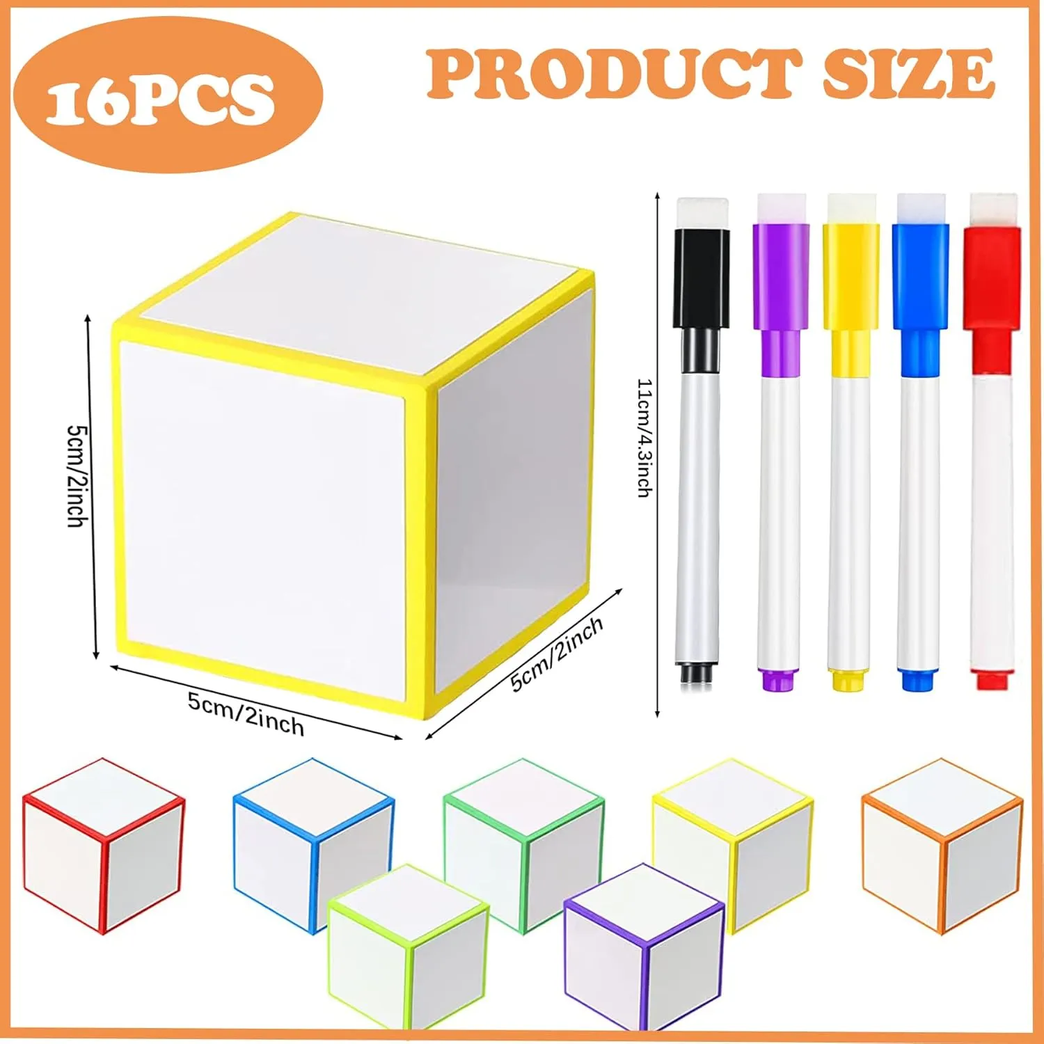 8 Pcs Dry Erase Blocks Set With 2 Colorful Marker Pens - Blank Foam Dice Cubes for Game Math Classroom School Elementary Learning Tools Supplies - Write Letters Numbers (8 2)