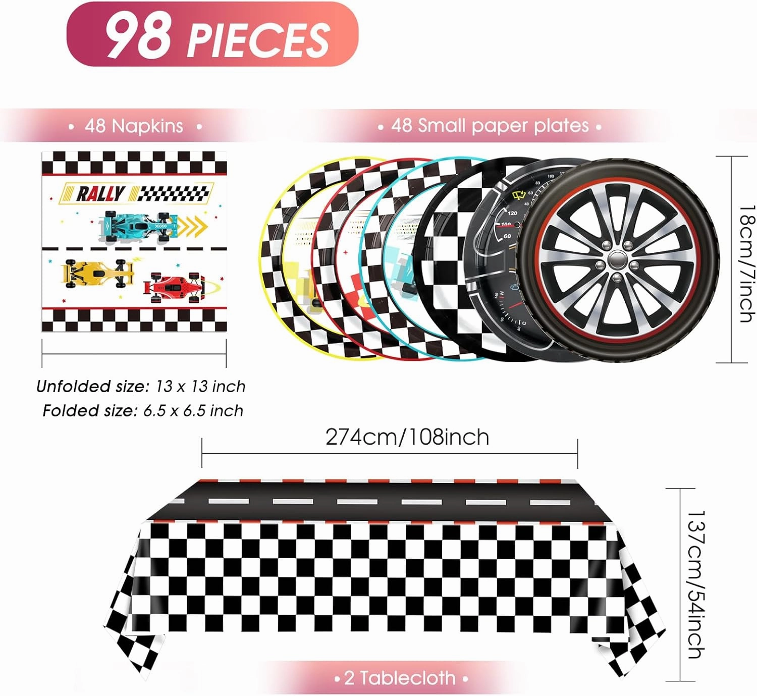 98Pcs Race Car Birthday Party Decorations Racing Themed Tableware Set Include Checkered Plates Napkins Tablecloth,for Boys Birthday,Kids Party,and Racing Party Decorations Supplies,Serves 48