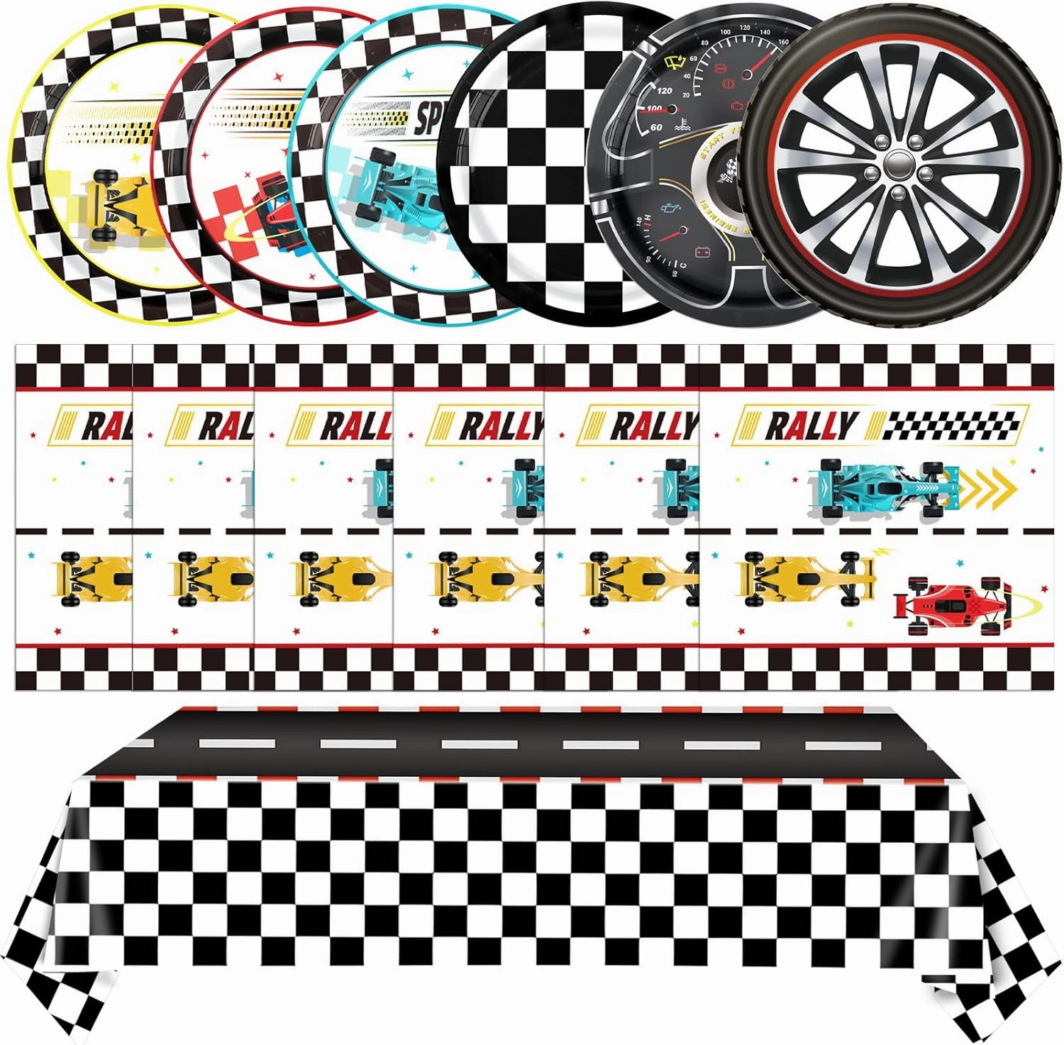98Pcs Race Car Birthday Party Decorations Racing Themed Tableware Set Include Checkered Plates Napkins Tablecloth,for Boys Birthday,Kids Party,and Racing Party Decorations Supplies,Serves 48