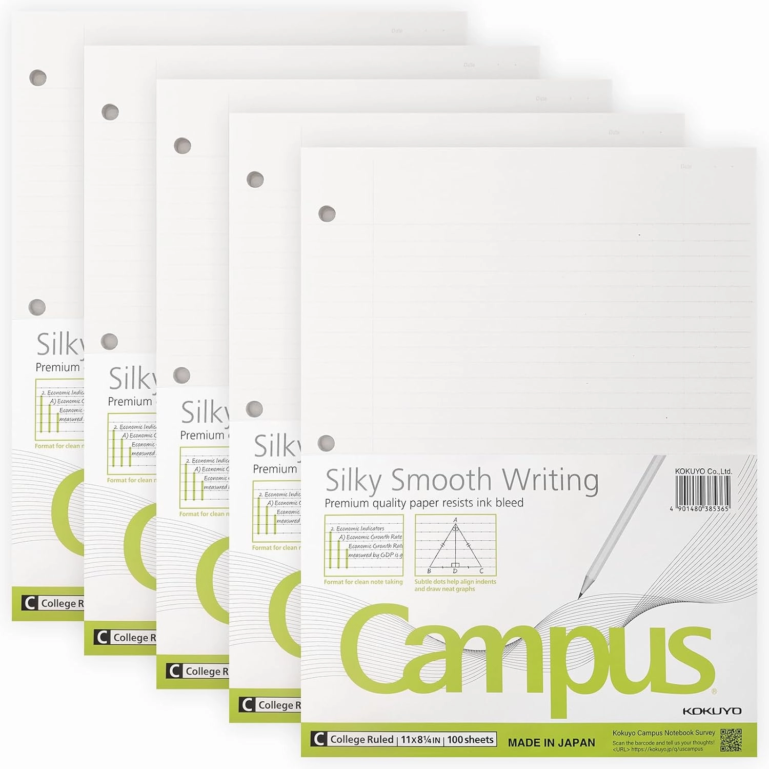 ​​Kokuyo Campus Loose Leaf Paper for 3 Ring Binders, Smooth Writing Lined Paper, 500 Sheets, 11” x 8-1/4”, College Ruled, Bleeding-Resistance, School Suppliers, Made in Japan (WSG-NO-887G1)