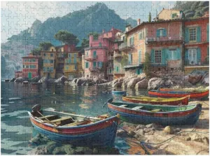 A Scenic Coastal Village with Colorful Fishing Boat 500 Piece Jigsaw Puzzle for Adults, Home Decor Birthday Party Gift Family Game Toy as Wall Art Decor Poster