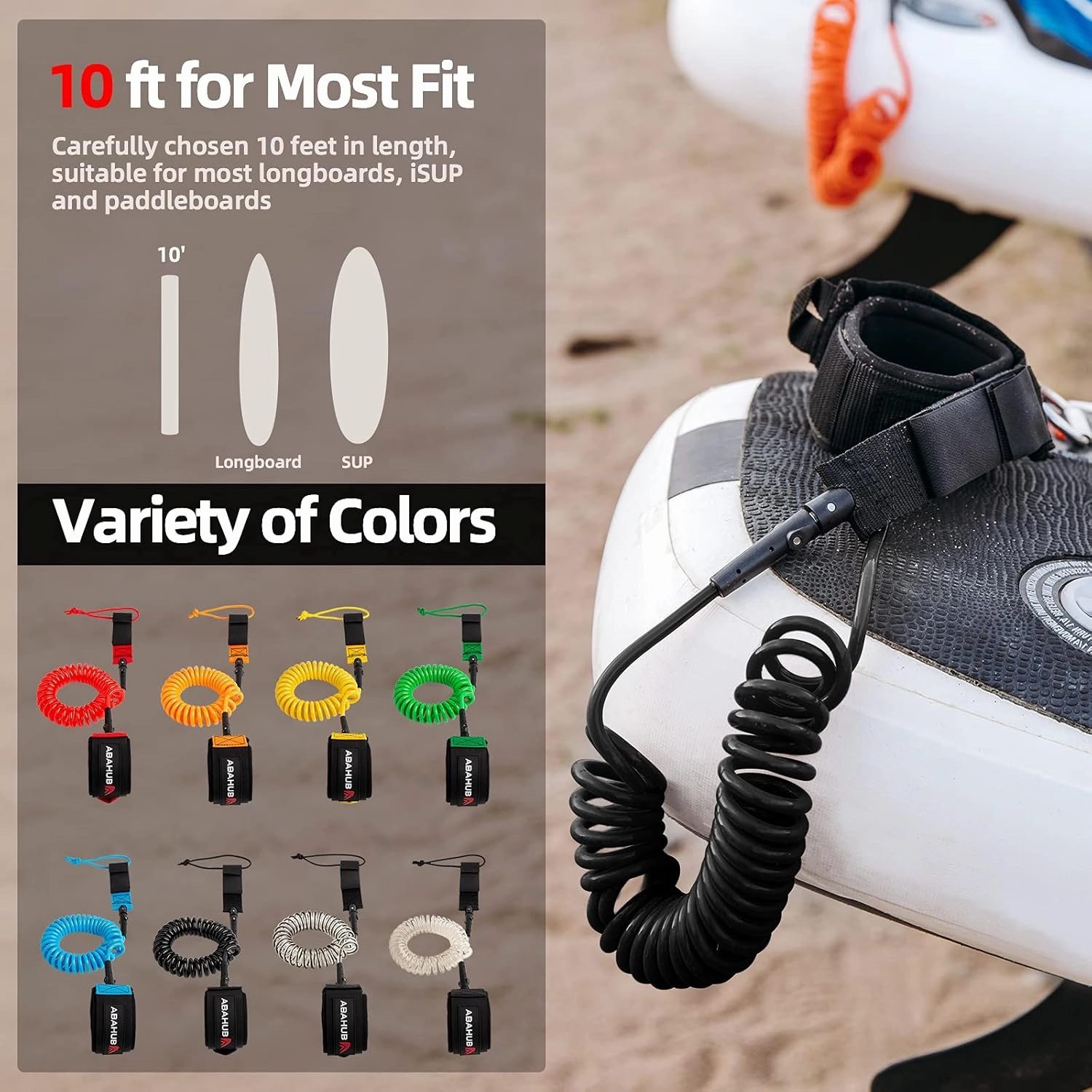 Abahub Premium Coil SUP Leash, 10 ft Coiled Paddle Board Leashes, 7.2mm Thick Legrope Strap for Longboard Surfboards, Stand-up Paddleboards, iSUP Replacement Leg Rope, 8 Colors…