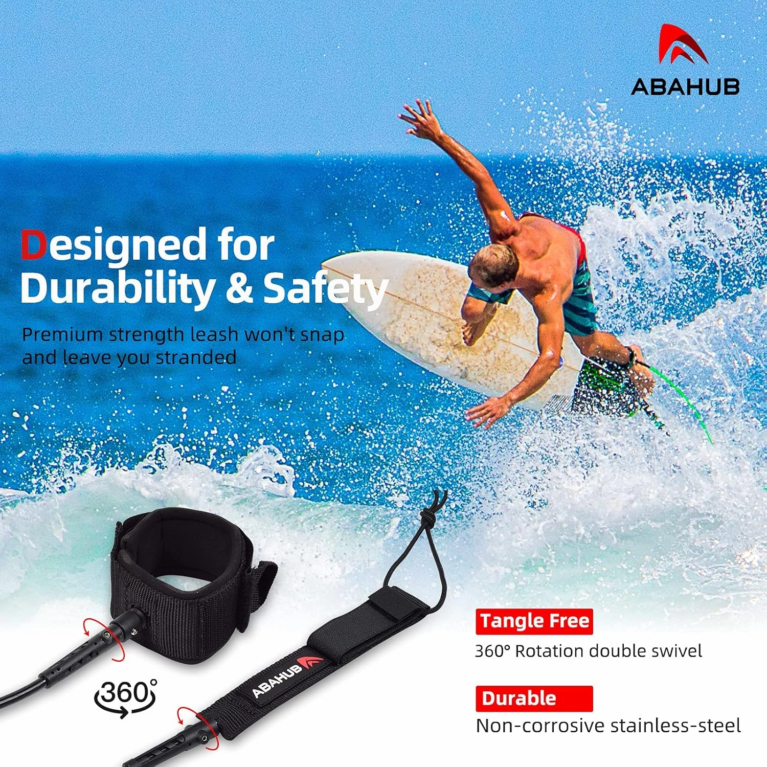 Abahub Premium Surfboard Leash, 6/7/8/9/10 ft, Straight Surf Board Leashes, 6/7mm Legrope Strap for Shortboard, Longboard