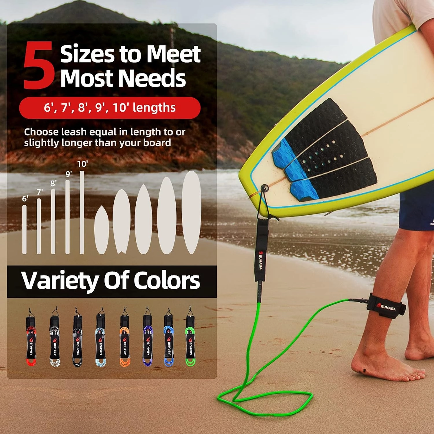 Abahub Premium Surfboard Leash, 6/7/8/9/10 ft, Straight Surf Board Leashes, 6/7mm Legrope Strap for Shortboard, Longboard