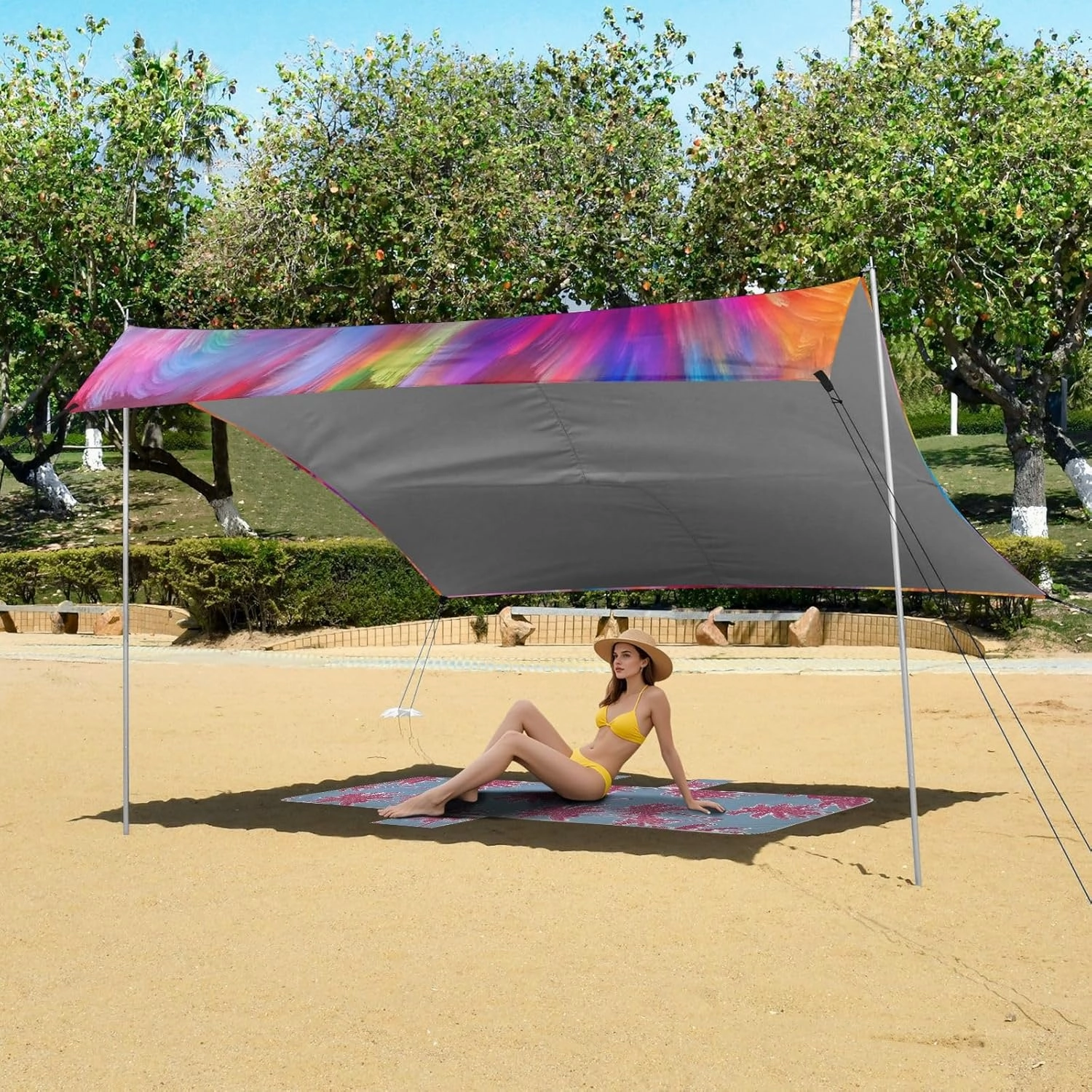 Abstract Modern Colorful Art Tent Beach Canopy Patio Sun Shade Outdoor Picnic Camping Sun Shelter 9.2 × 10.5 FT Wind Sail Shade with Sand Bags Poles