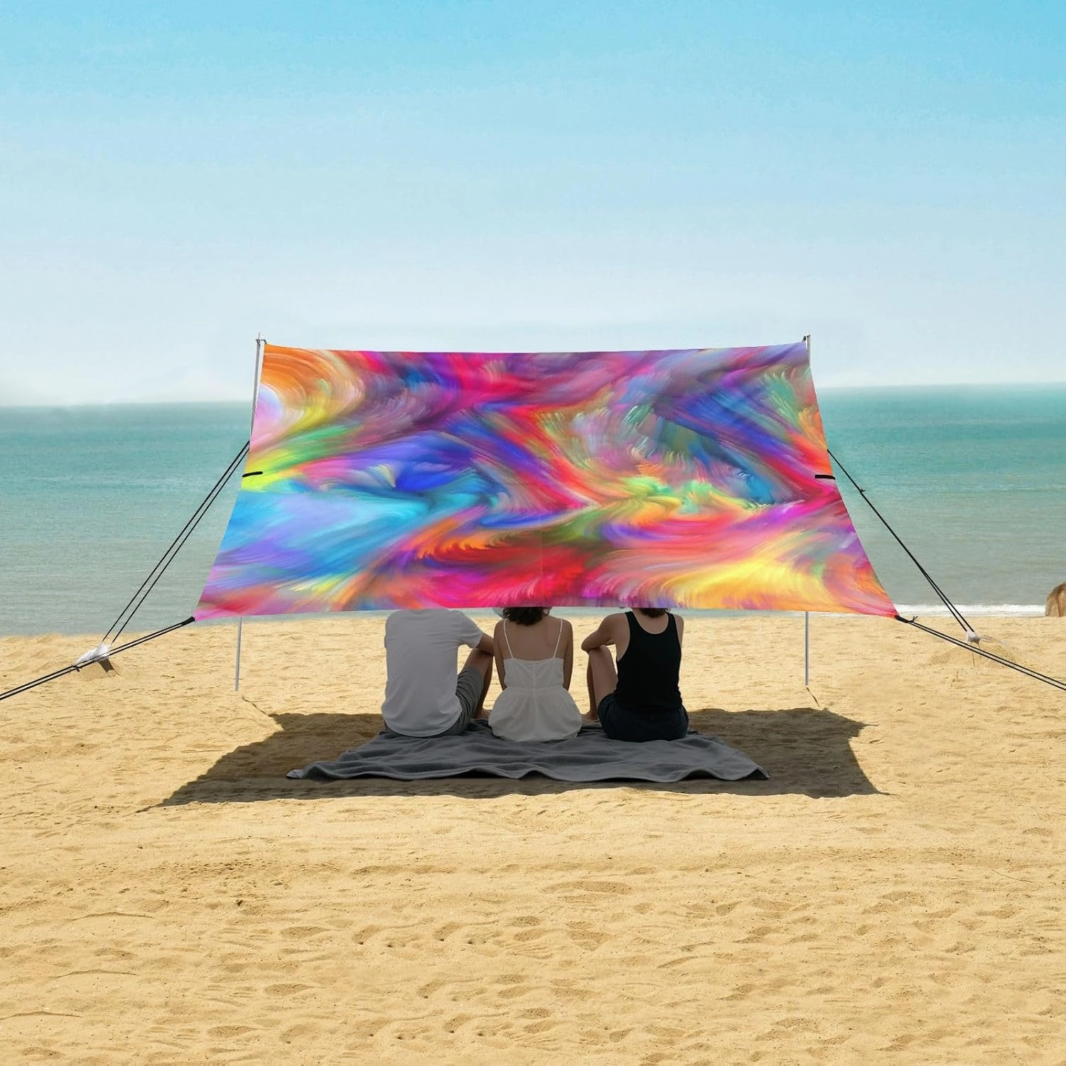 Abstract Modern Colorful Art Tent Beach Canopy Patio Sun Shade Outdoor Picnic Camping Sun Shelter 9.2 × 10.5 FT Wind Sail Shade with Sand Bags Poles