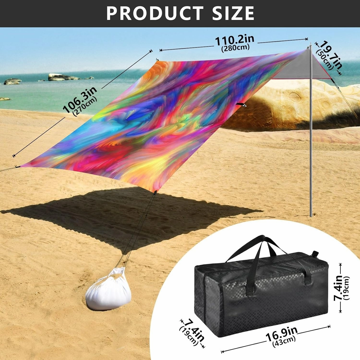 Abstract Modern Colorful Art Tent Beach Canopy Patio Sun Shade Outdoor Picnic Camping Sun Shelter 9.2 × 10.5 FT Wind Sail Shade with Sand Bags Poles