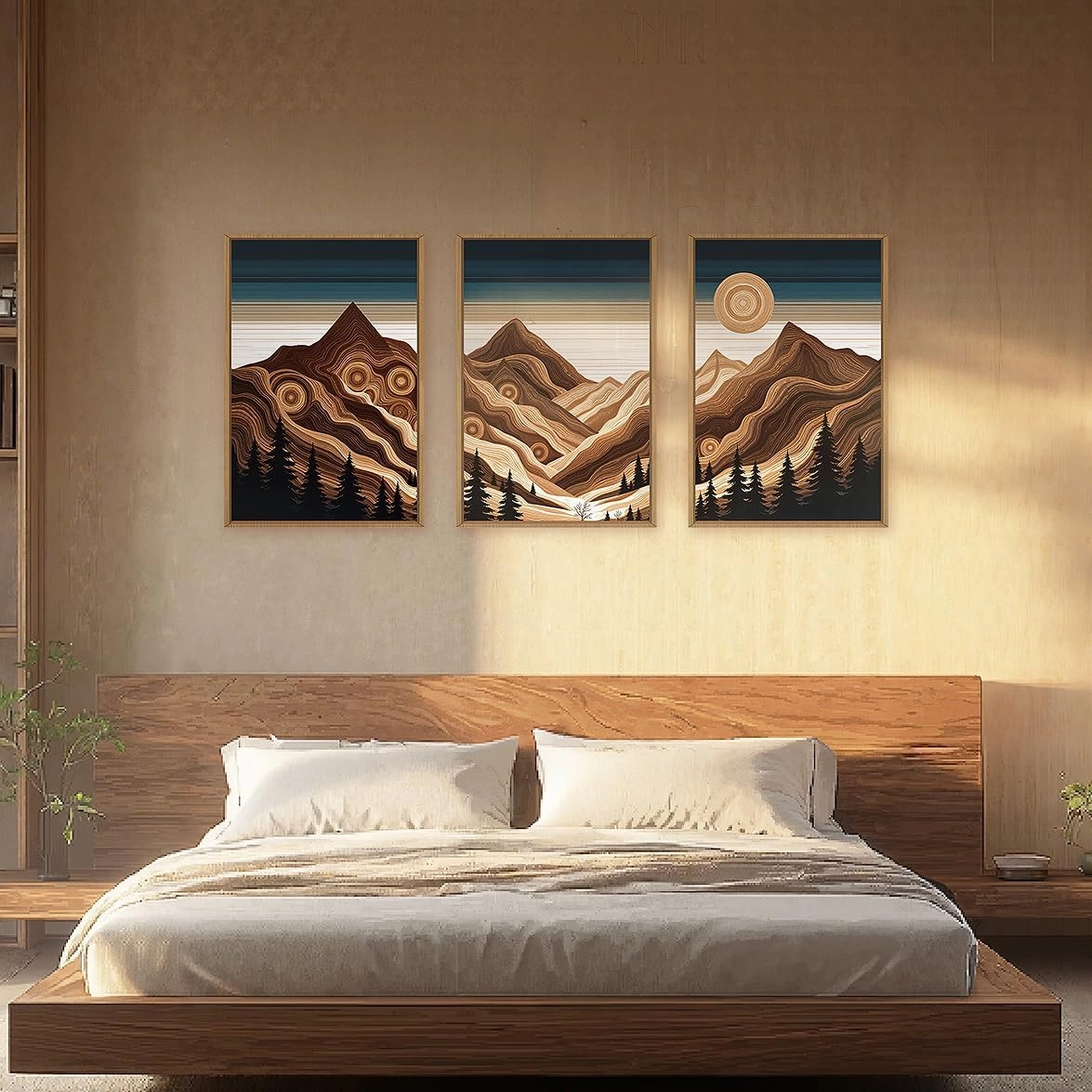 Abstract Mountain Woodcut Framed Canvas Wall Art,Modern Tree Ring Wall Decor,Sunrise Ridge Scenery Wall Painting,Retro Desert Artwork for Living Room,Bedroom,Dining Room,Office -16"x24"x3