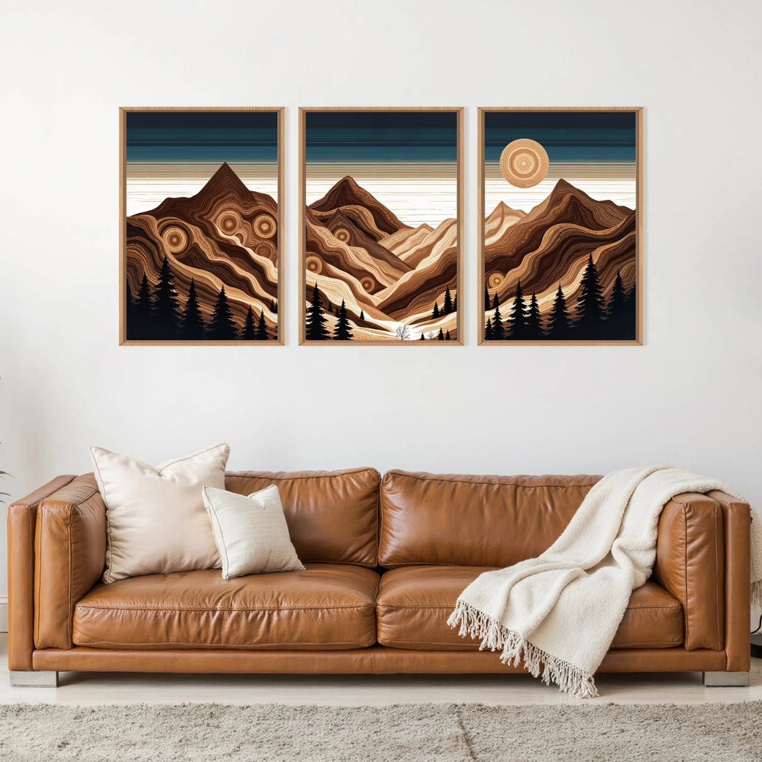 Abstract Mountain Woodcut Framed Canvas Wall Art,Modern Tree Ring Wall Decor,Sunrise Ridge Scenery Wall Painting,Retro Desert Artwork for Living Room,Bedroom,Dining Room,Office -16"x24"x3