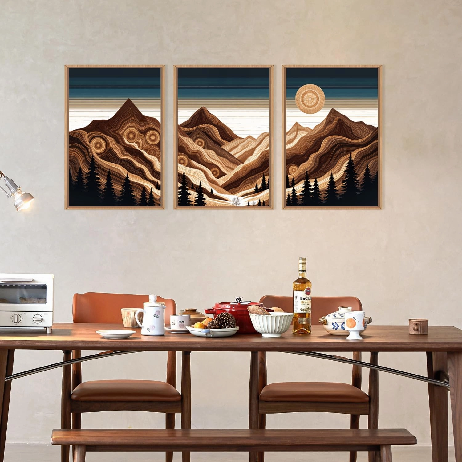 Abstract Mountain Woodcut Framed Canvas Wall Art,Modern Tree Ring Wall Decor,Sunrise Ridge Scenery Wall Painting,Retro Desert Artwork for Living Room,Bedroom,Dining Room,Office -16"x24"x3