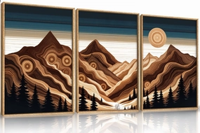 Abstract Mountain Woodcut Framed Canvas Wall Art,Modern Tree Ring Wall Decor,Sunrise Ridge Scenery Wall Painting,Retro Desert Artwork for Living Room,Bedroom,Dining Room,Office -16"x24"x3