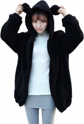 acdiac Fluffy Kawaii Bunny/Bear Hoodie Ears&Tail Animal Top Cute Rabbit Zip Jacket Winter Women Girl Sweet Sweater Coat