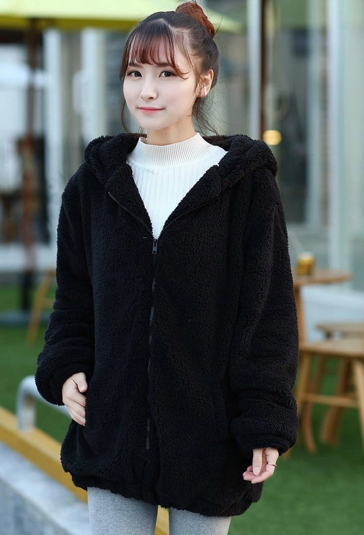 acdiac Fluffy Kawaii Bunny/Bear Hoodie Ears&Tail Animal Top Cute Rabbit Zip Jacket Winter Women Girl Sweet Sweater Coat