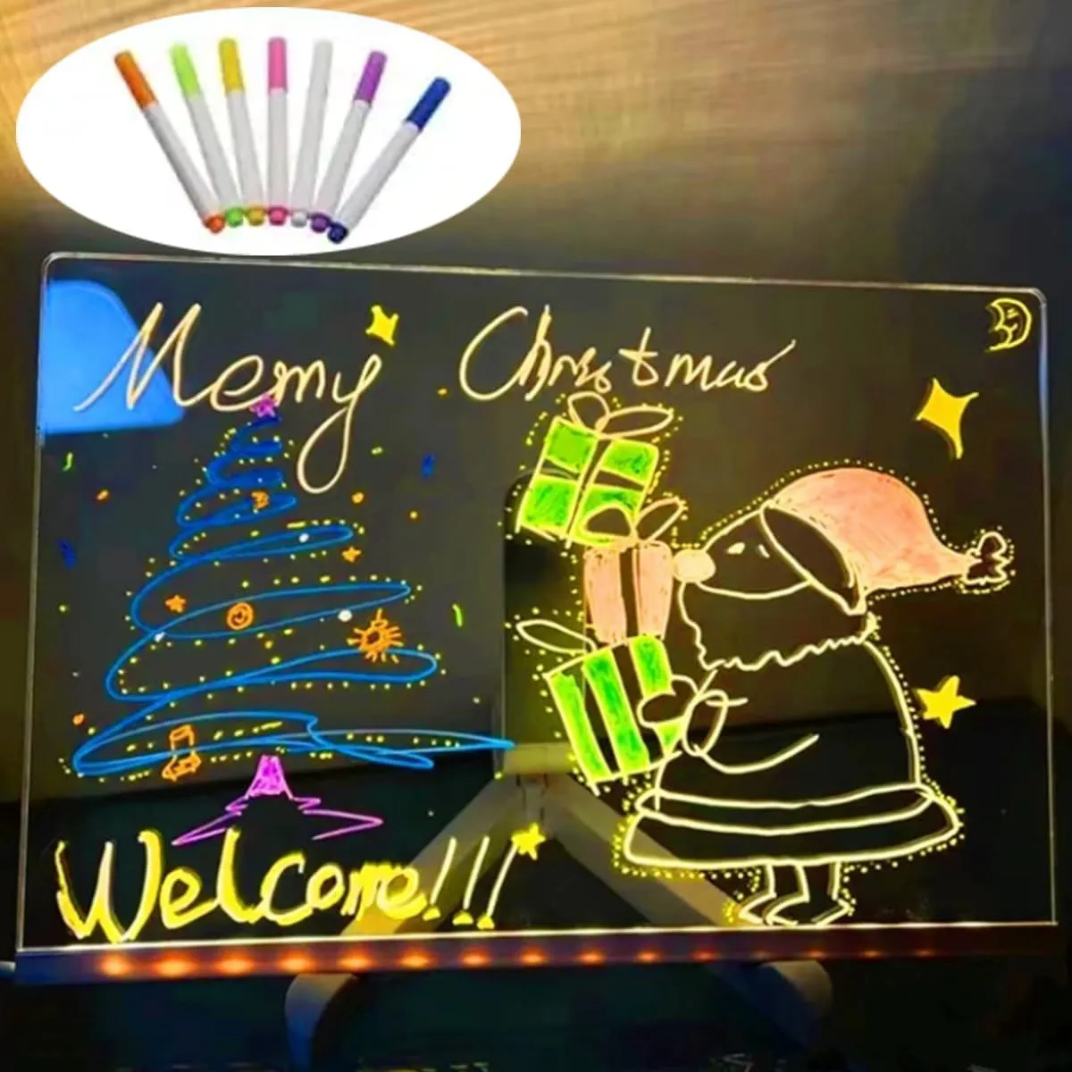 Acrylic Dry Erase Board with Light, 2025 New LED Note Board with Colors Light Up Dry Erase Board with Adjustable Stand and 7 Colors Pen, LED Illuminated Drawing Board for Office School Home (15*15cm)