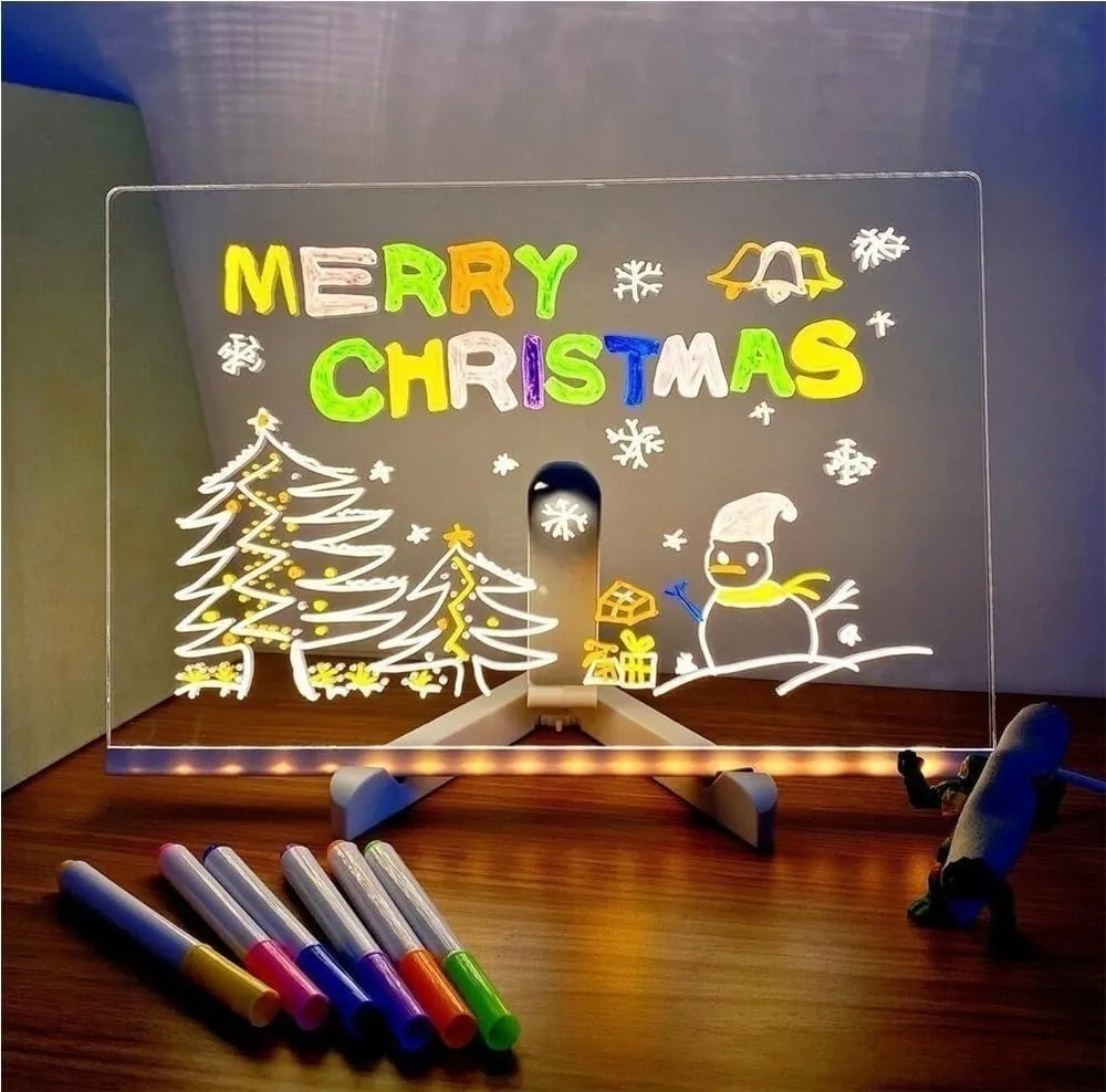 Acrylic Dry Erase Board with Light, Led Glowing Acrylic Color Note Board, Rewritable Message Board with Adjustable Holder and 7 Colorful Pens(11.8 * 7.9in/30 * 20cm)